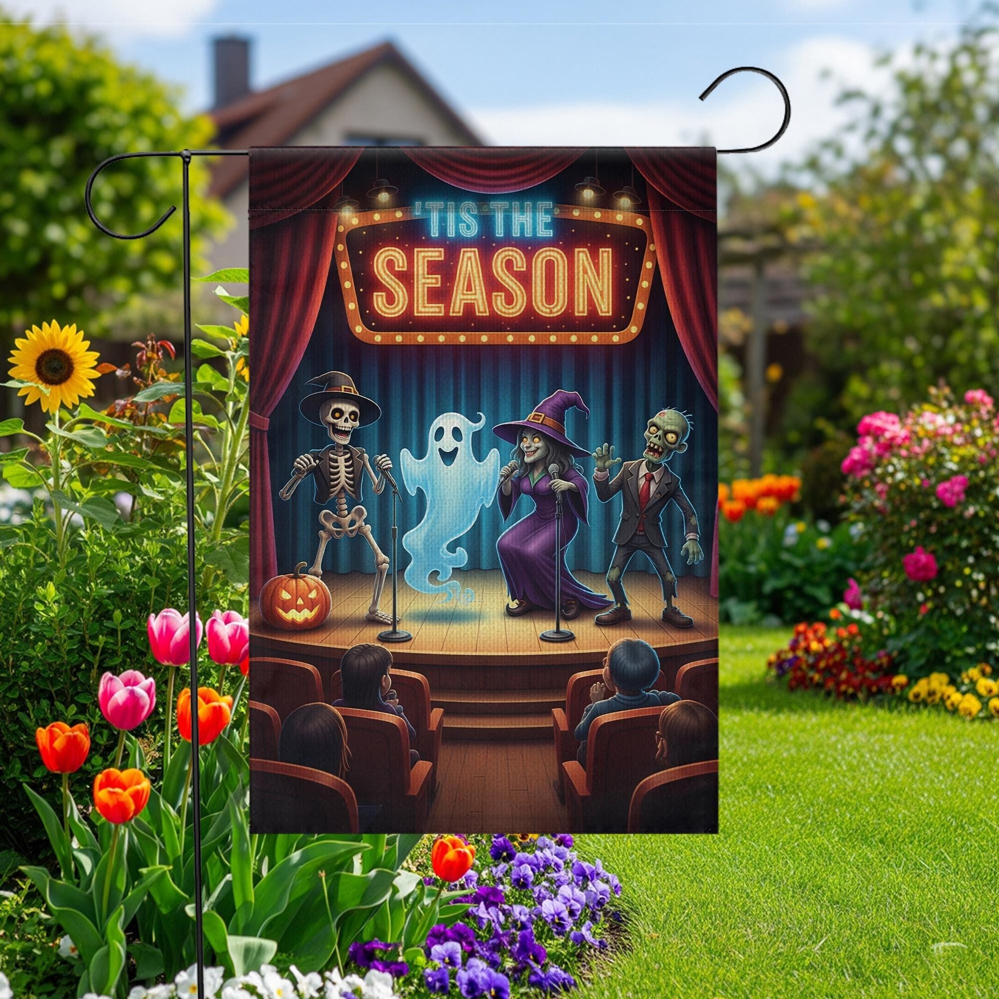 Funny Halloween Comedy Show Flag – Tis the Season Ghost Witch Skeleton Zombie Fall Yard Banner, Spooky Stage Outdoor Decor