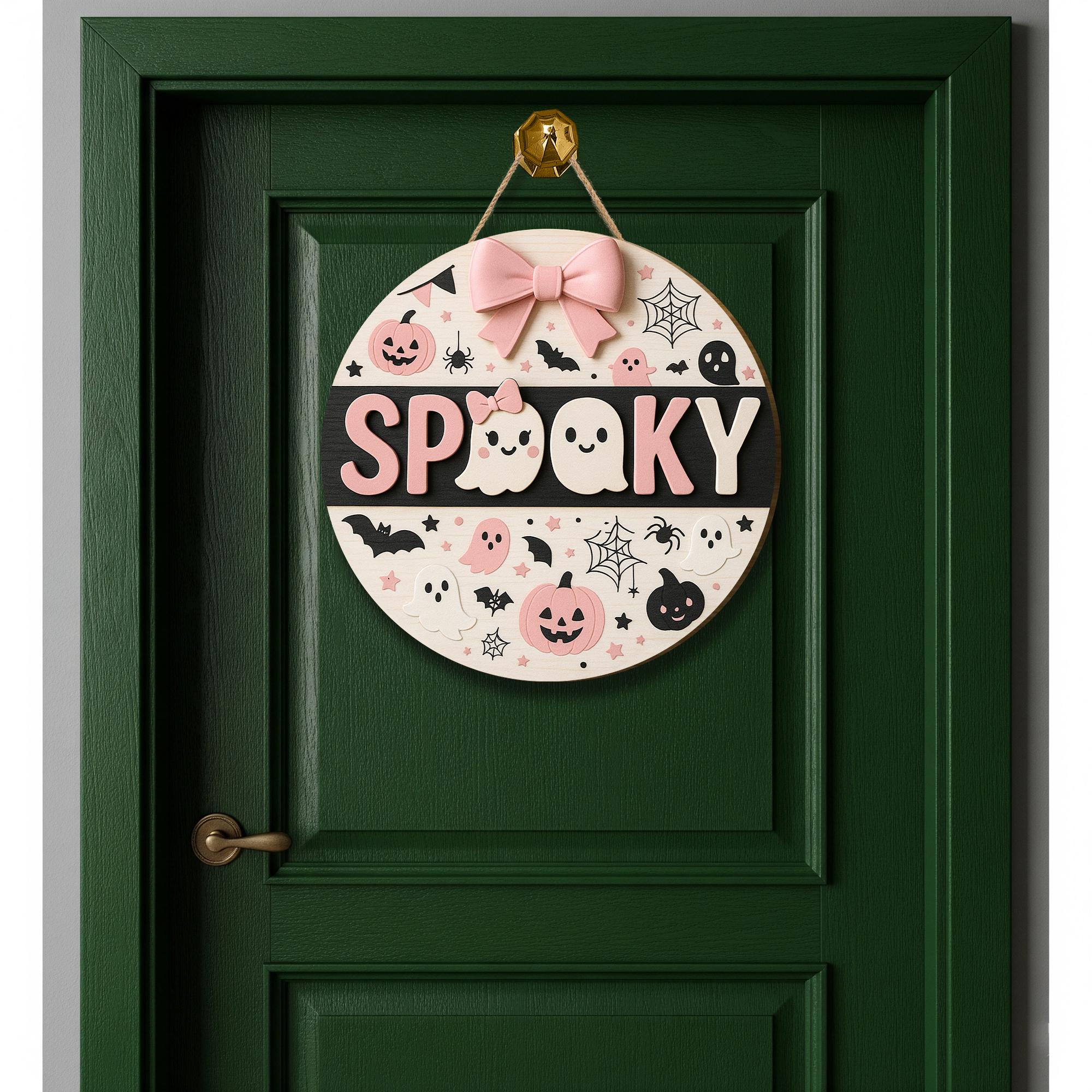 Cute Spooky Halloween Wooden Sign, Pink Ghost 3D Door Hanger, Pastel Goth Fall Decor, Kawaii Pumpkin Wall Hanging