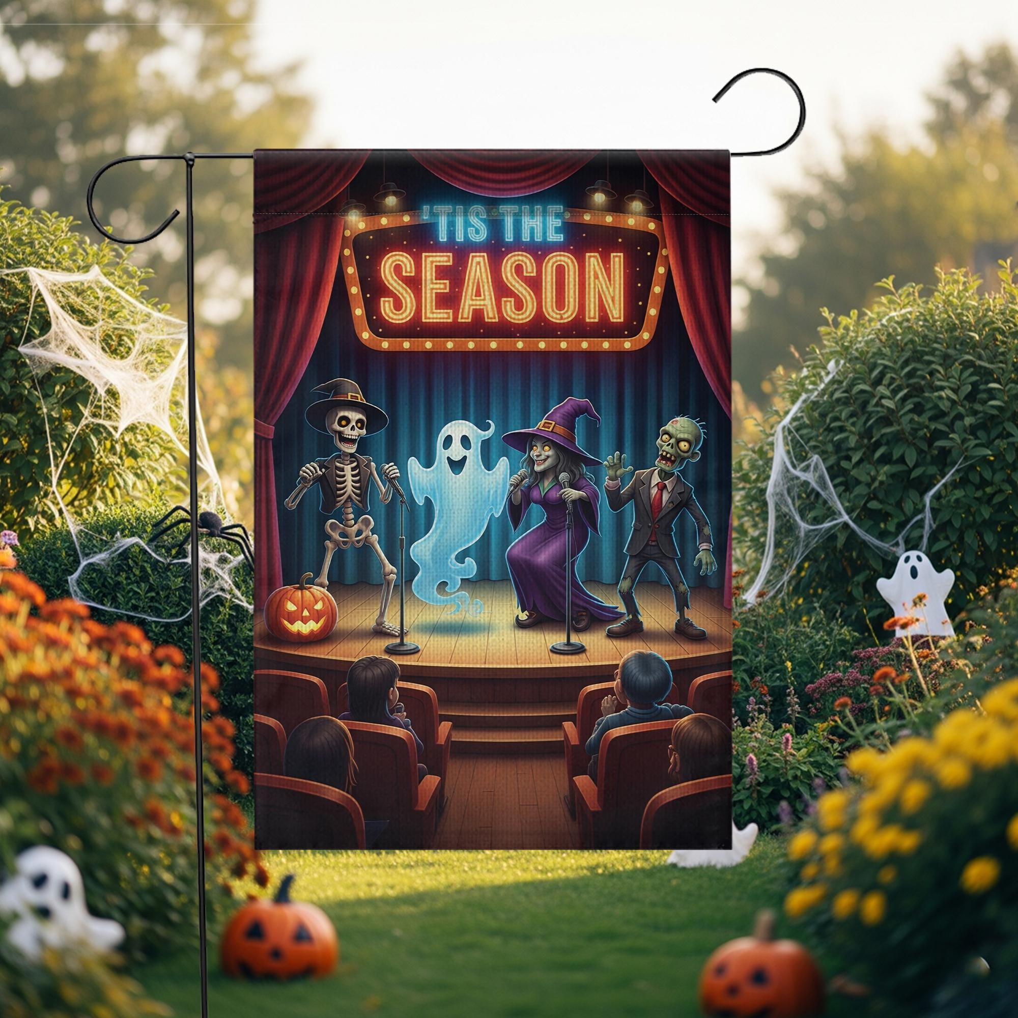 Funny Halloween Comedy Show Flag – Tis the Season Ghost Witch Skeleton Zombie Fall Yard Banner, Spooky Stage Outdoor Decor