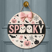 Cute Spooky Halloween Wooden Sign, Pink Ghost 3D Door Hanger, Pastel Goth Fall Decor, Kawaii Pumpkin Wall Hanging