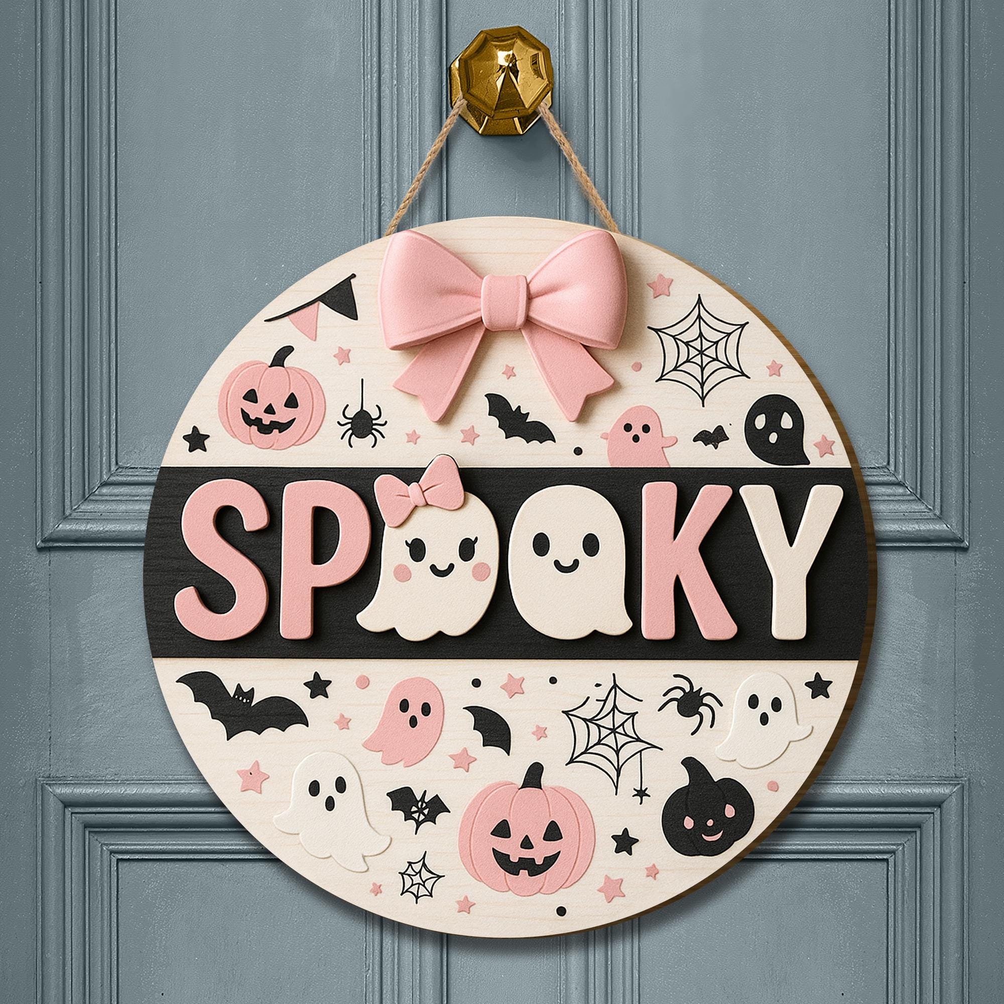 Cute Spooky Halloween Wooden Sign, Pink Ghost 3D Door Hanger, Pastel Goth Fall Decor, Kawaii Pumpkin Wall Hanging