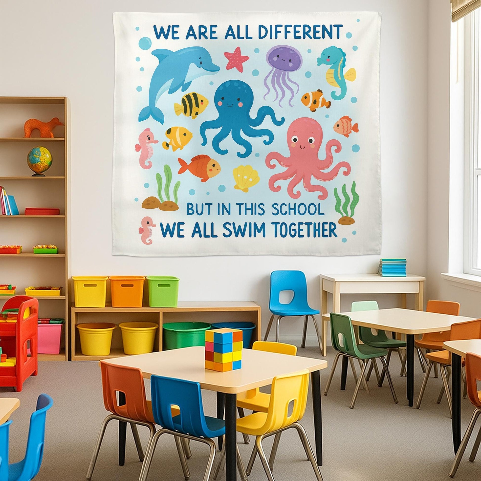 Ocean Theme Classroom Banner, We All Swim Together Wall Decor, Inclusive School Poster, Under the Sea Teacher Decoration, Sea Decor Gift