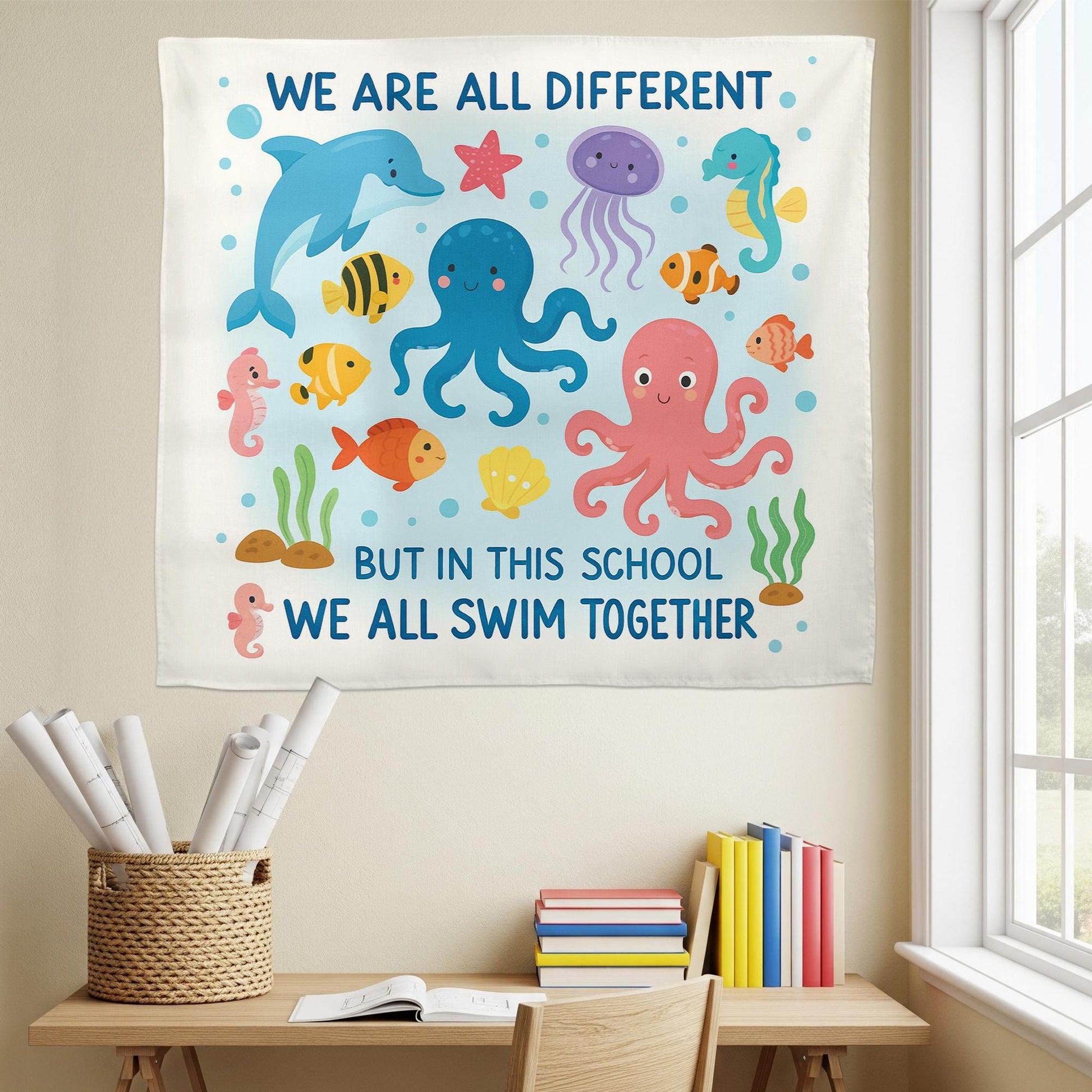 Ocean Theme Classroom Banner, We All Swim Together Wall Decor, Inclusive School Poster, Under the Sea Teacher Decoration, Sea Decor Gift