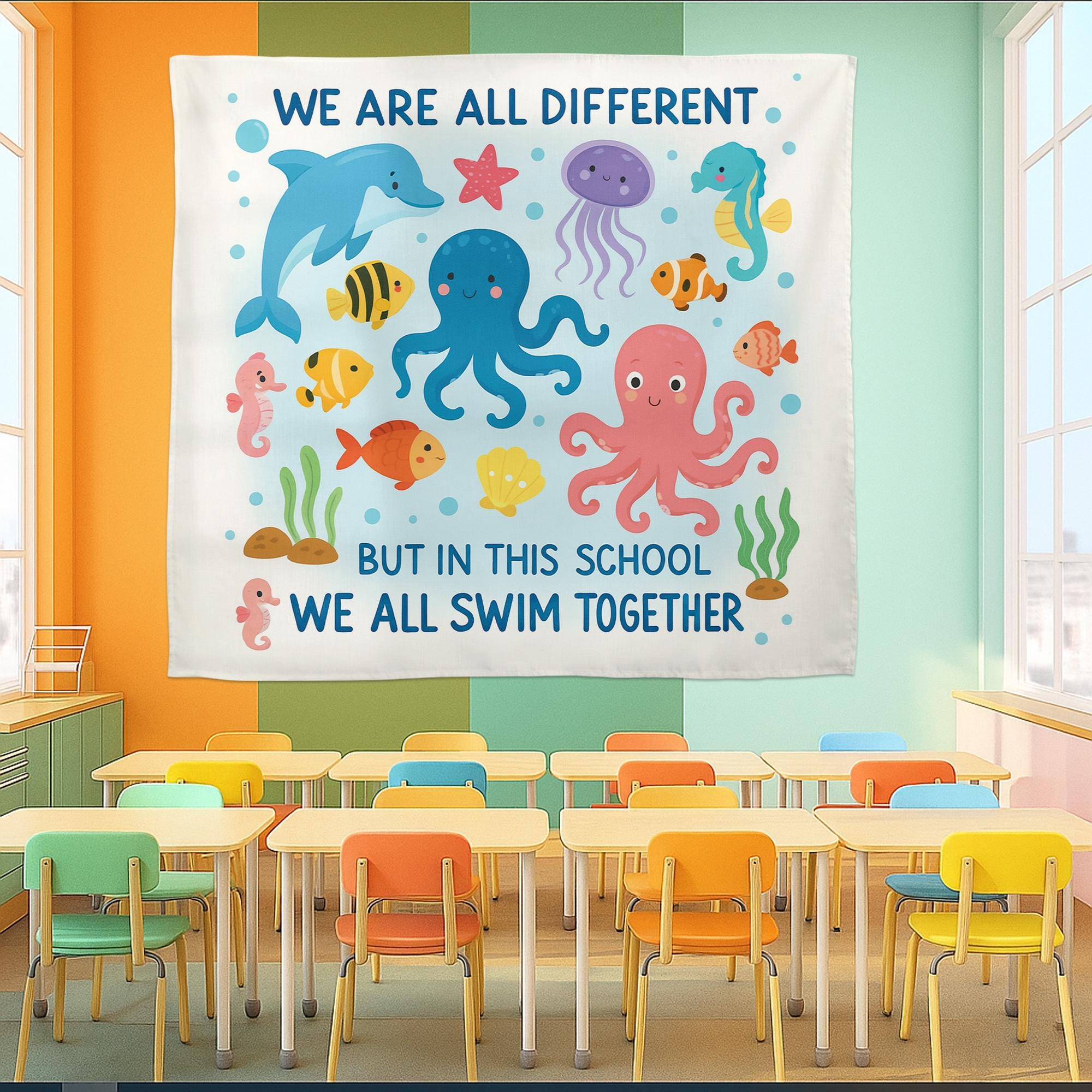 Ocean Theme Classroom Banner, We All Swim Together Wall Decor, Inclusive School Poster, Under the Sea Teacher Decoration, Sea Decor Gift