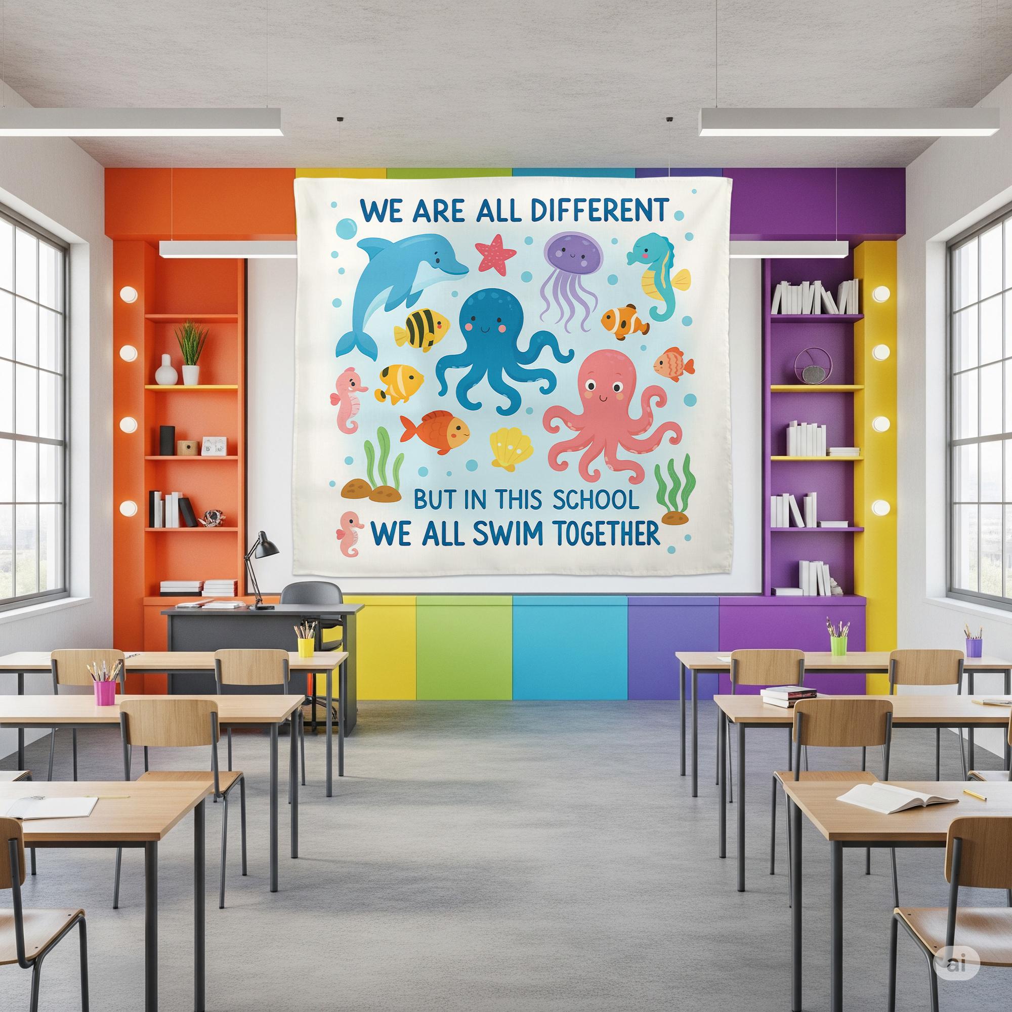 Ocean Theme Classroom Banner, We All Swim Together Wall Decor, Inclusive School Poster, Under the Sea Teacher Decoration, Sea Decor Gift