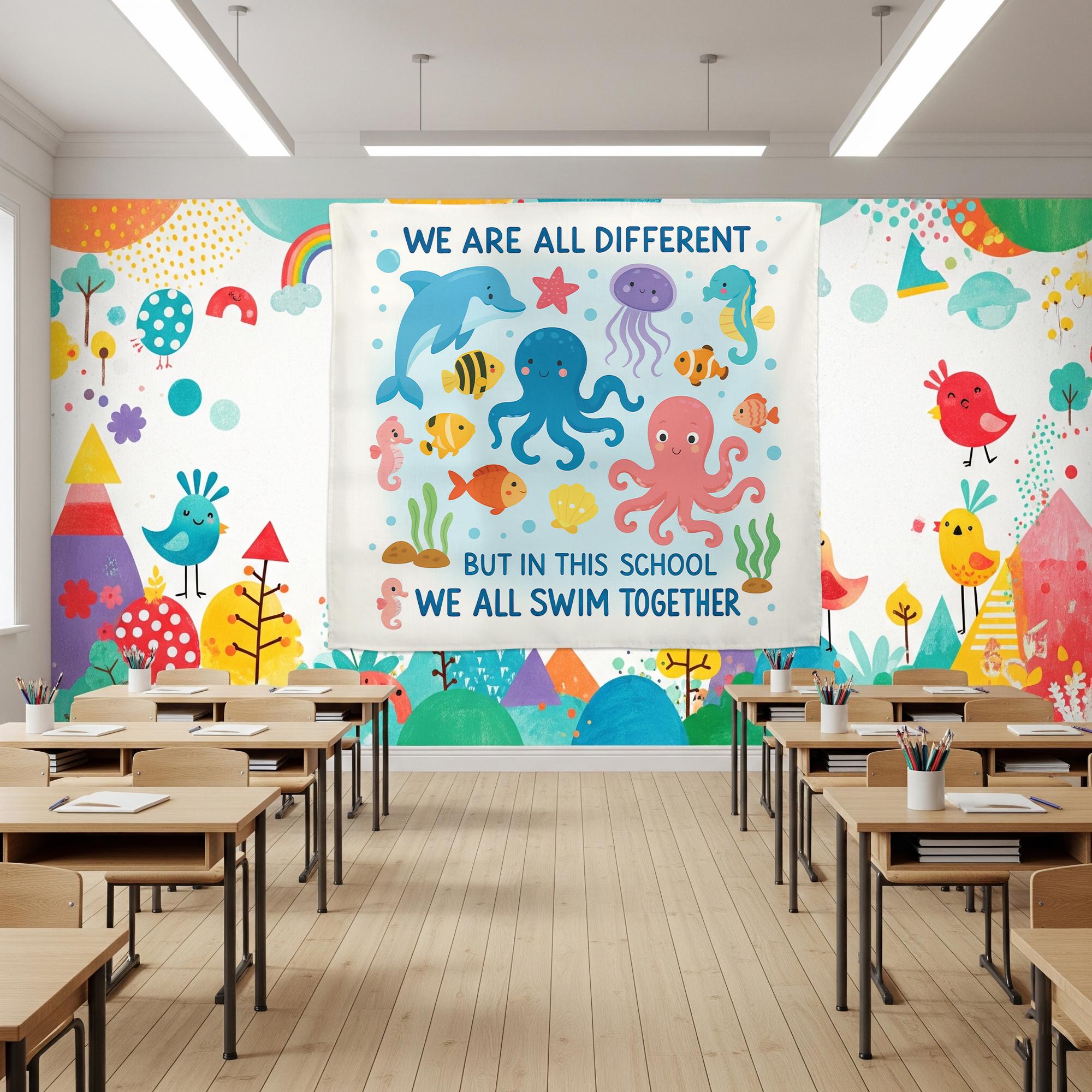Ocean Theme Classroom Banner, We All Swim Together Wall Decor, Inclusive School Poster, Under the Sea Teacher Decoration, Sea Decor Gift