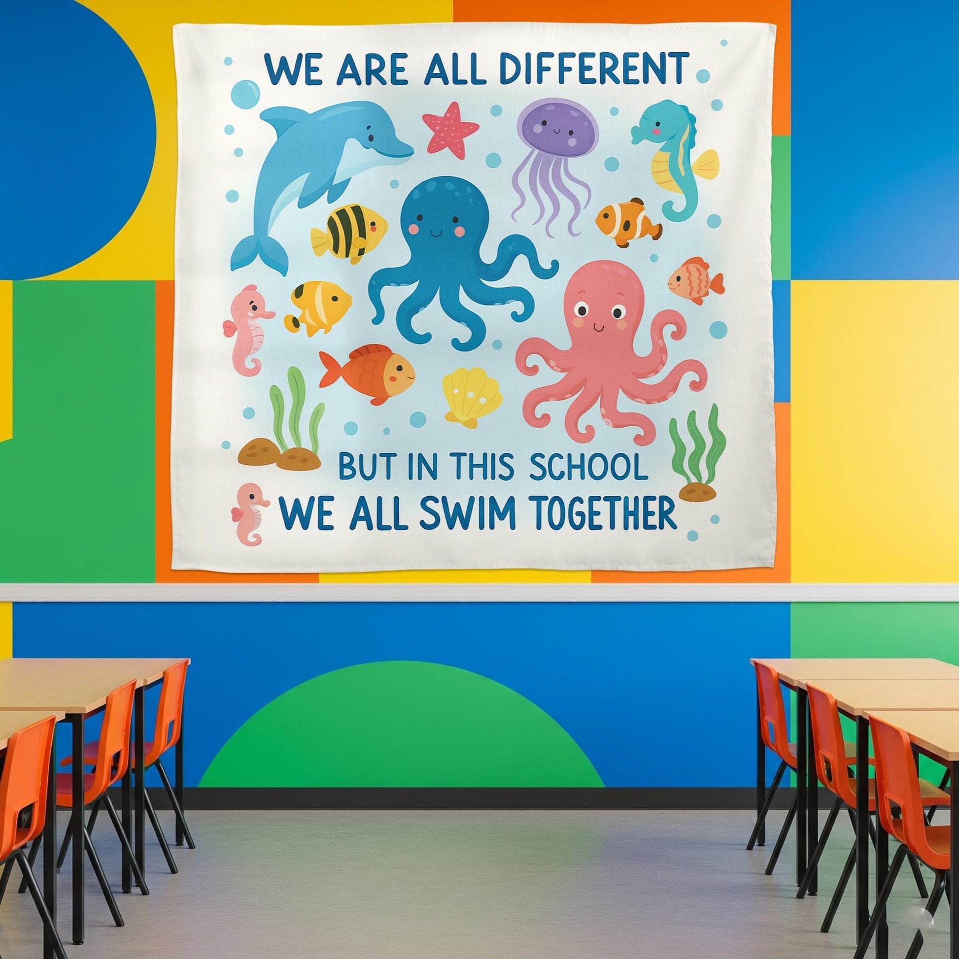 Ocean Theme Classroom Banner, We All Swim Together Wall Decor, Inclusive School Poster, Under the Sea Teacher Decoration, Sea Decor Gift