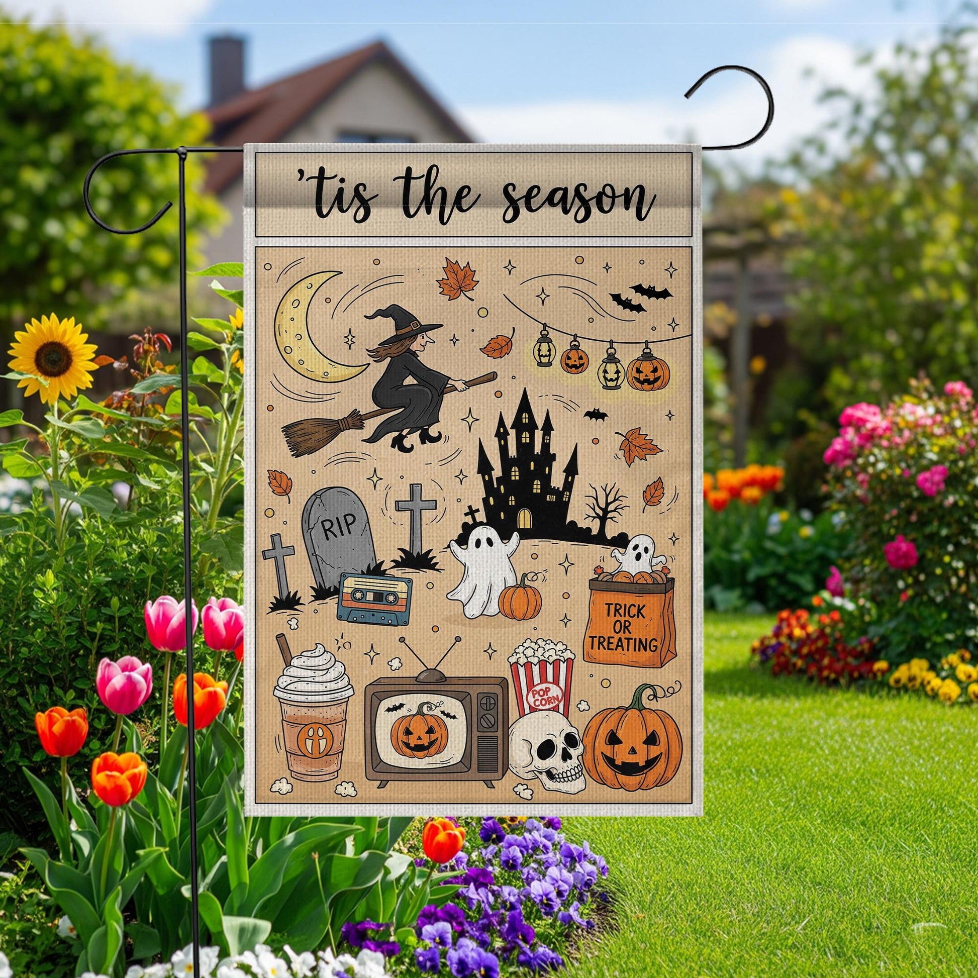Vintage Halloween Garden Flag – Tis the Season Witch Ghost Pumpkins Castle Trick or Treat Yard Decor for Fall Outdoor Spooky Vibes