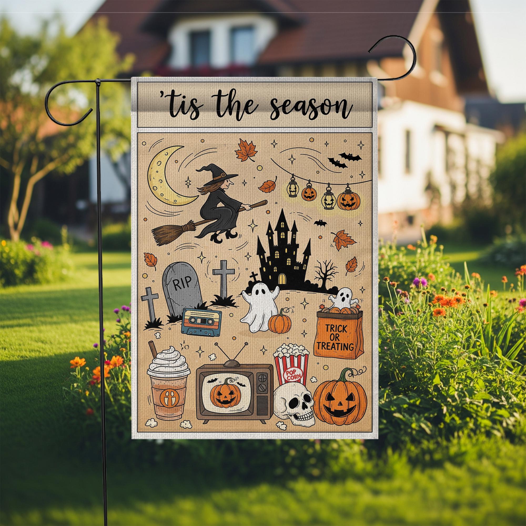 Vintage Halloween Garden Flag – Tis the Season Witch Ghost Pumpkins Castle Trick or Treat Yard Decor for Fall Outdoor Spooky Vibes