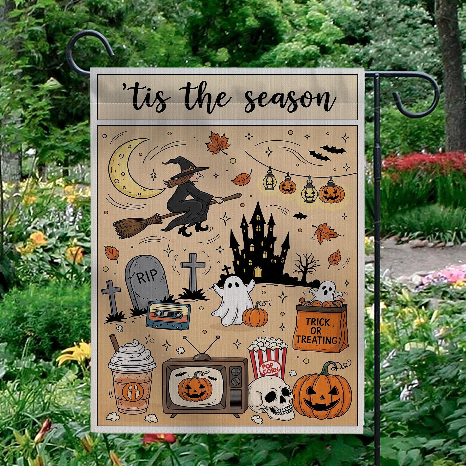 Vintage Halloween Garden Flag – Tis the Season Witch Ghost Pumpkins Castle Trick or Treat Yard Decor for Fall Outdoor Spooky Vibes