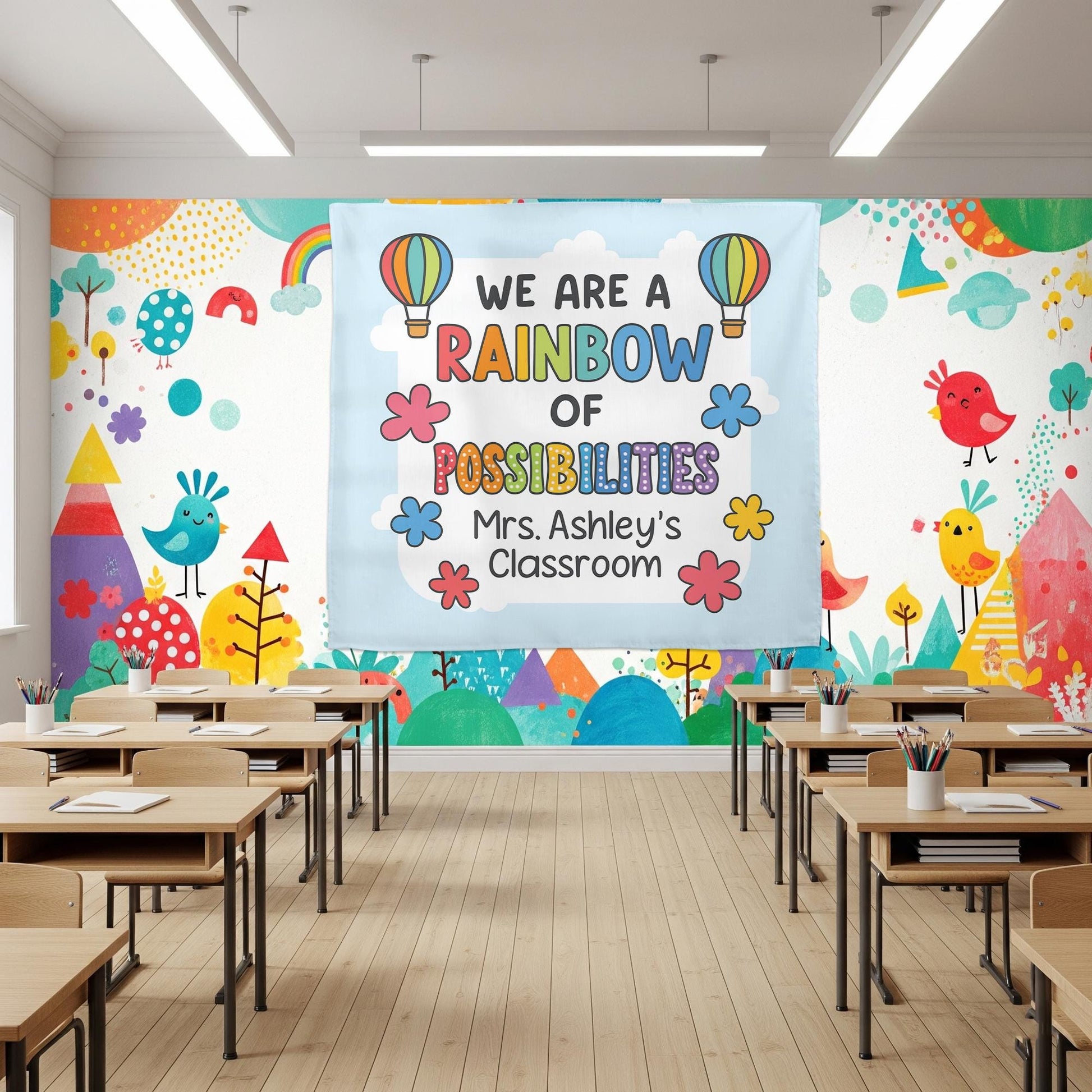 Personalized Rainbow Classroom Banner, We Are a Rainbow of Possibilities Sign, Custom Teacher Wall Decor, Back to School Decoration Tapestry