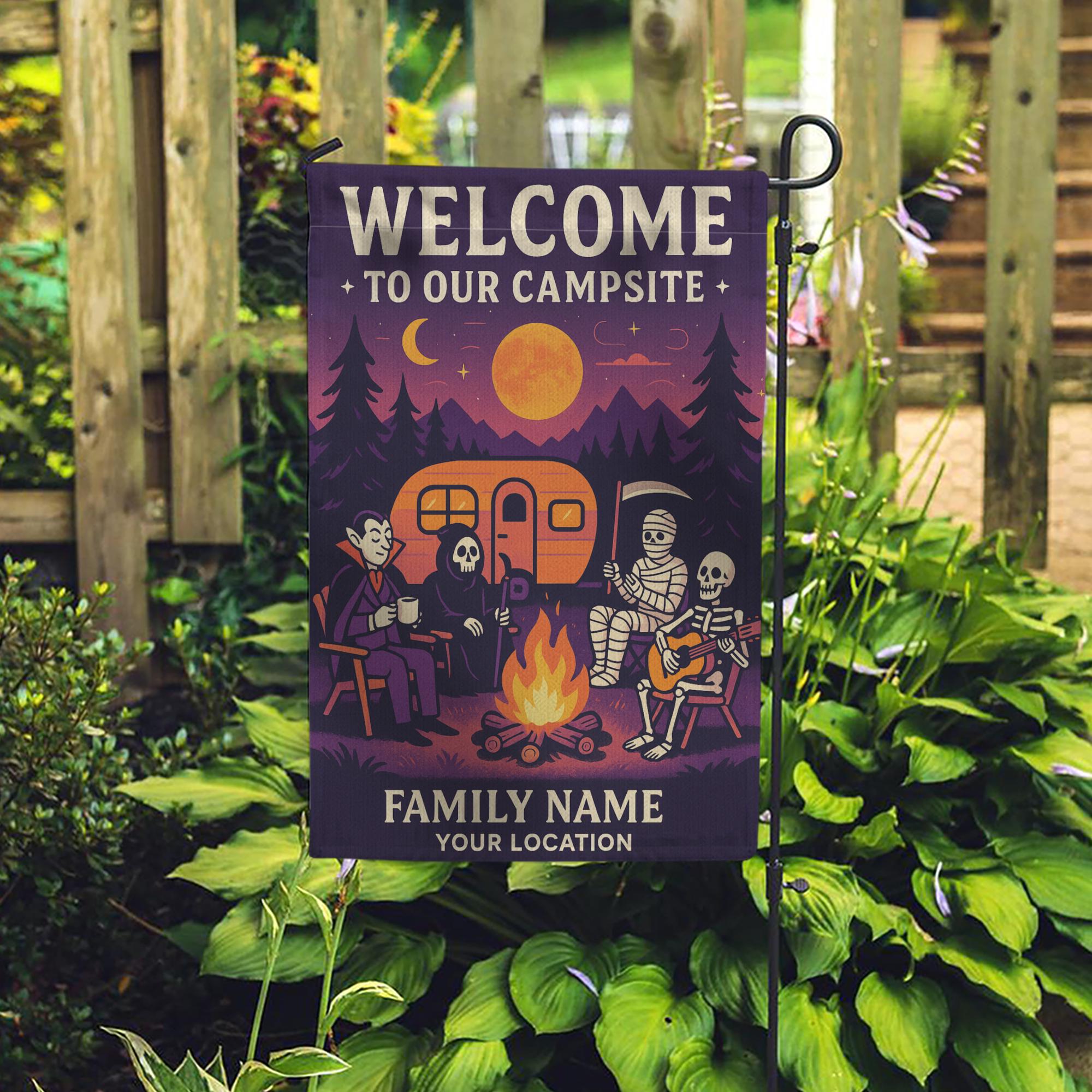 Halloween Camping Garden Flag, Personalized Campsite Flag, Custom Fall Campfire Sign, Funny Outdoor Yard Decor, RV Halloween Gift