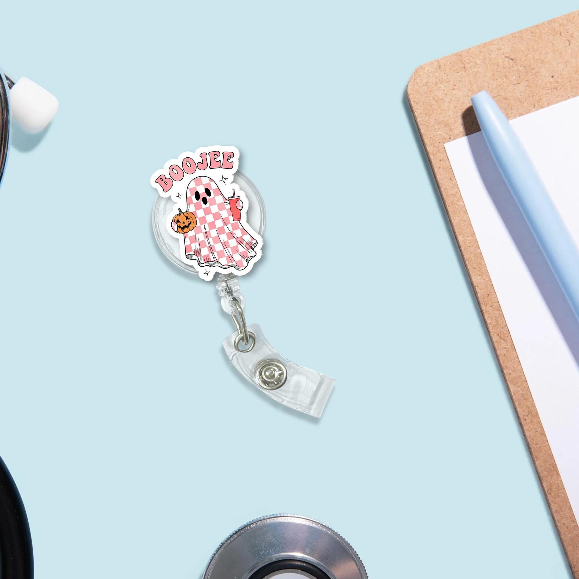 BOOjee Ghost Badge Reel – Cute Halloween Badge Holder, Pink Checkered Spooky Nurse ID Clip, Funny Ghost Fall Accessory for Work