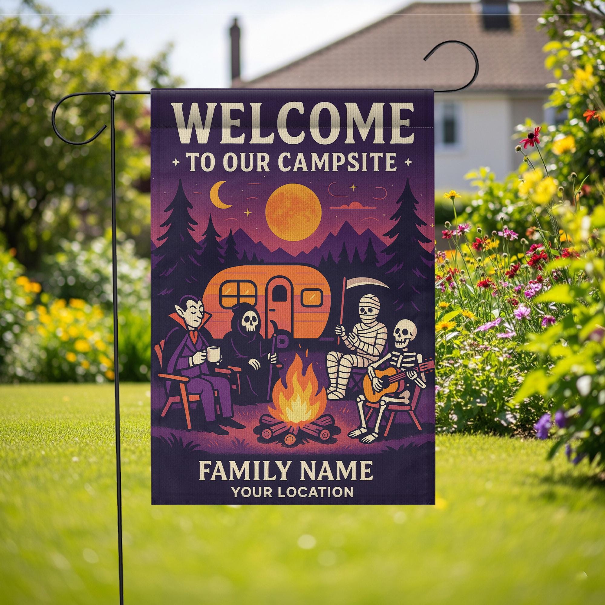 Halloween Camping Garden Flag, Personalized Campsite Flag, Custom Fall Campfire Sign, Funny Outdoor Yard Decor, RV Halloween Gift