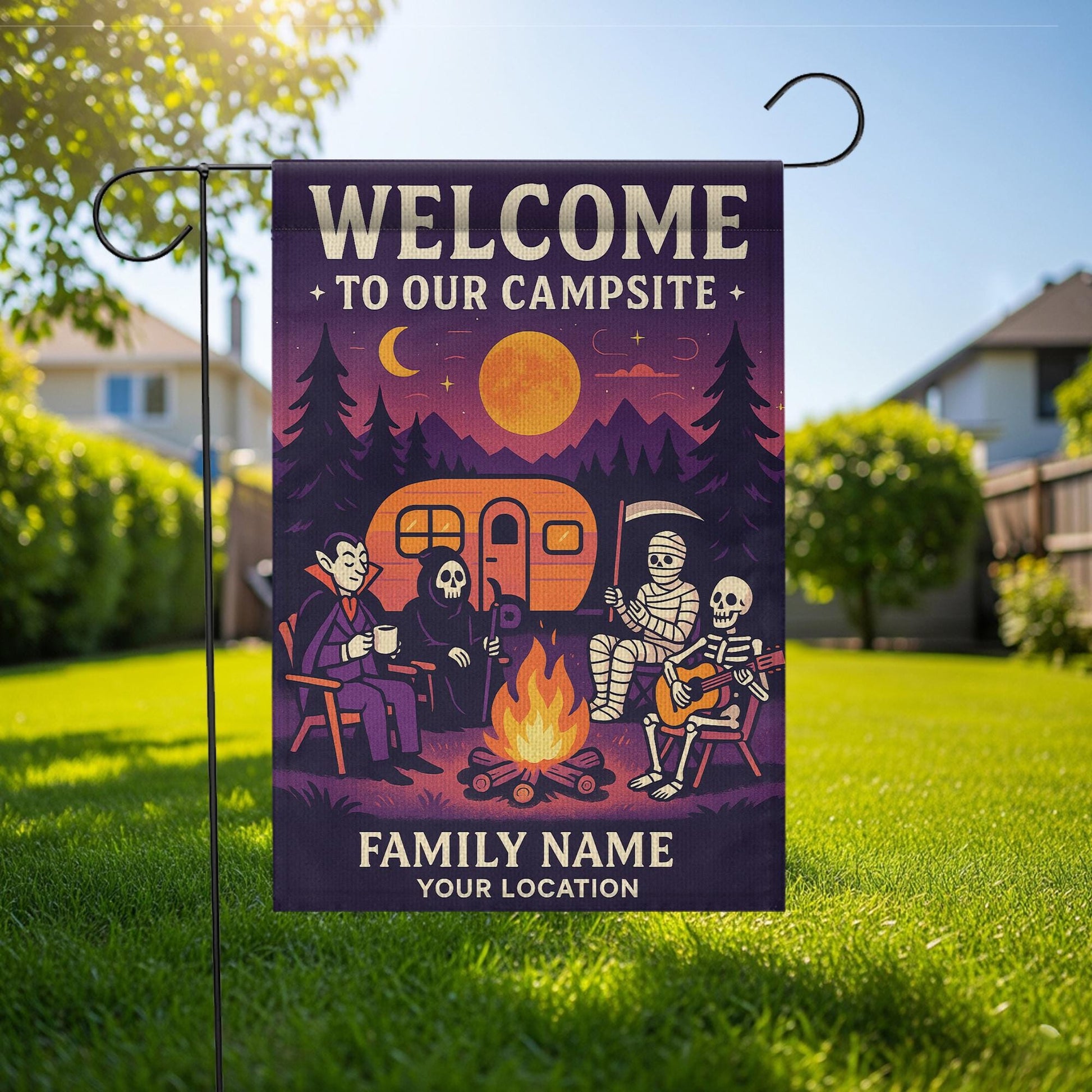 Halloween Camping Garden Flag, Personalized Campsite Flag, Custom Fall Campfire Sign, Funny Outdoor Yard Decor, RV Halloween Gift