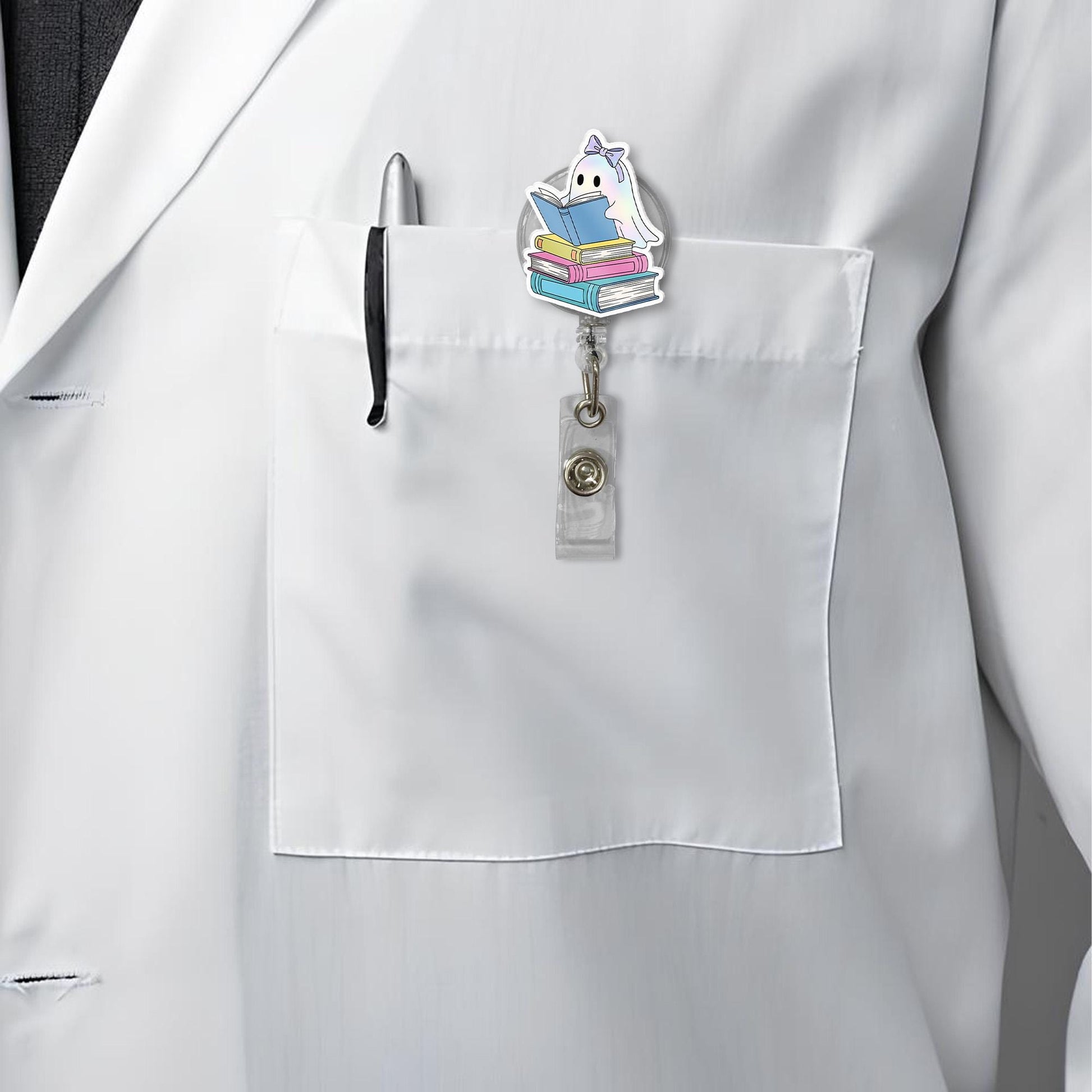 Ghost Reading Badge Reel – Cute Teacher ID Clip with Books, Pastel Ghost Librarian Badge Holder, Spooky Book Lover Fall Accessory
