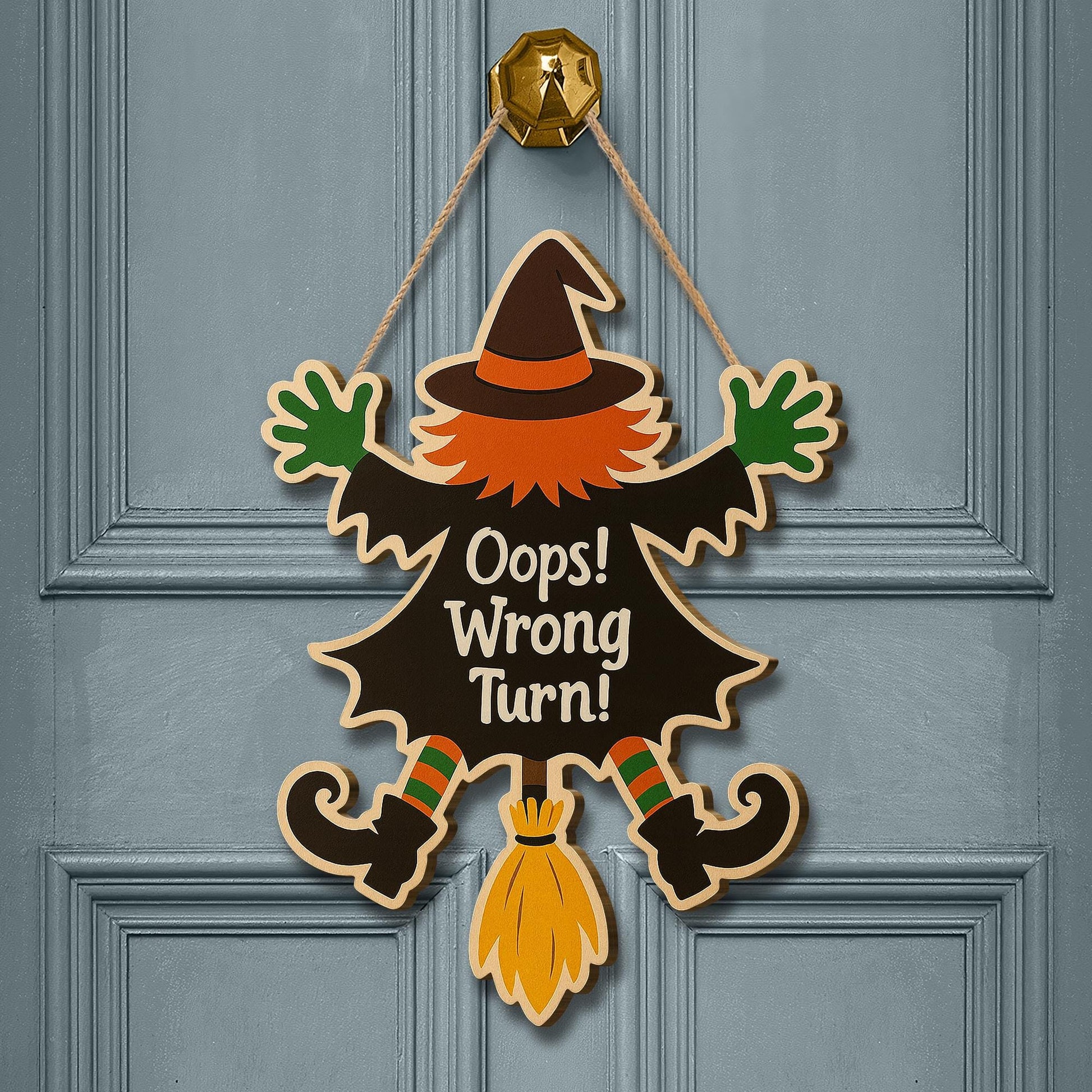 Oops Wrong Turn Witch Sign, Funny Halloween Wooden Door Hanger, Flying Witch Crash Decor, Spooky Fall Wall Decoration
