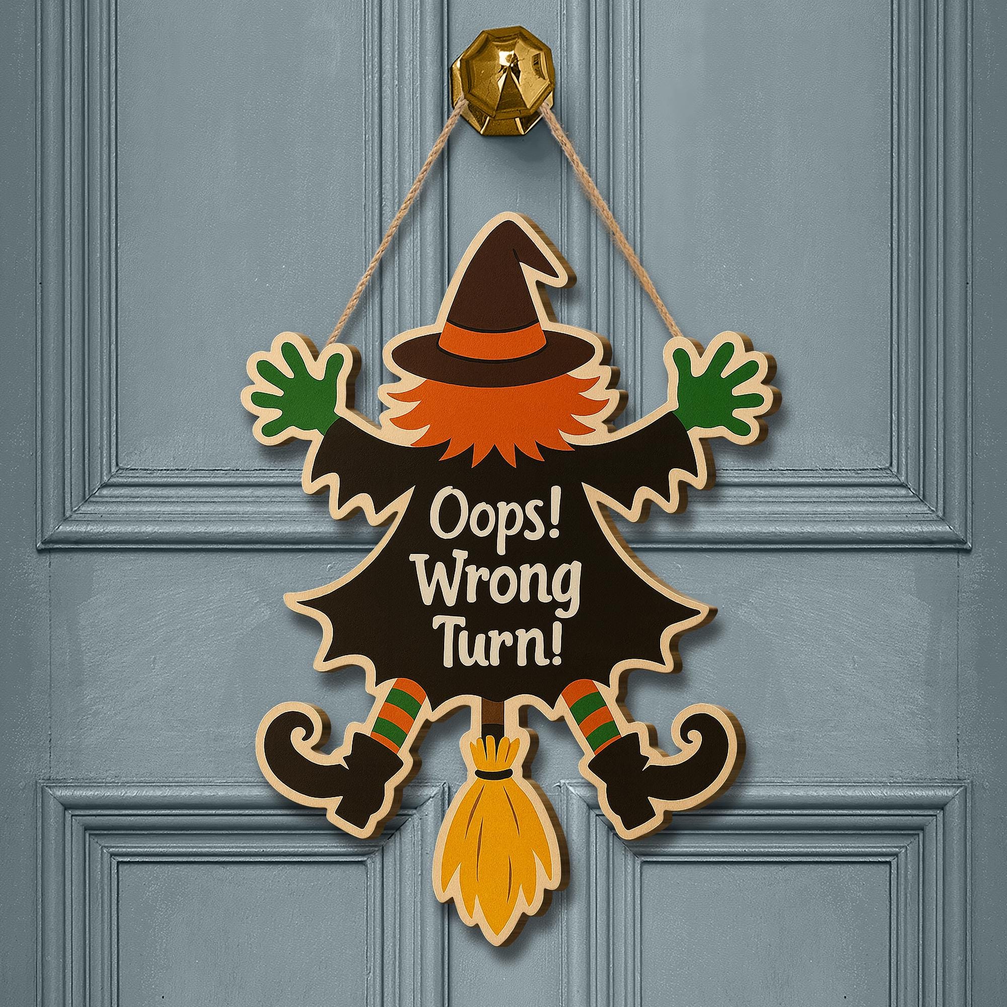 Oops Wrong Turn Witch Sign, Funny Halloween Wooden Door Hanger, Flying Witch Crash Decor, Spooky Fall Wall Decoration