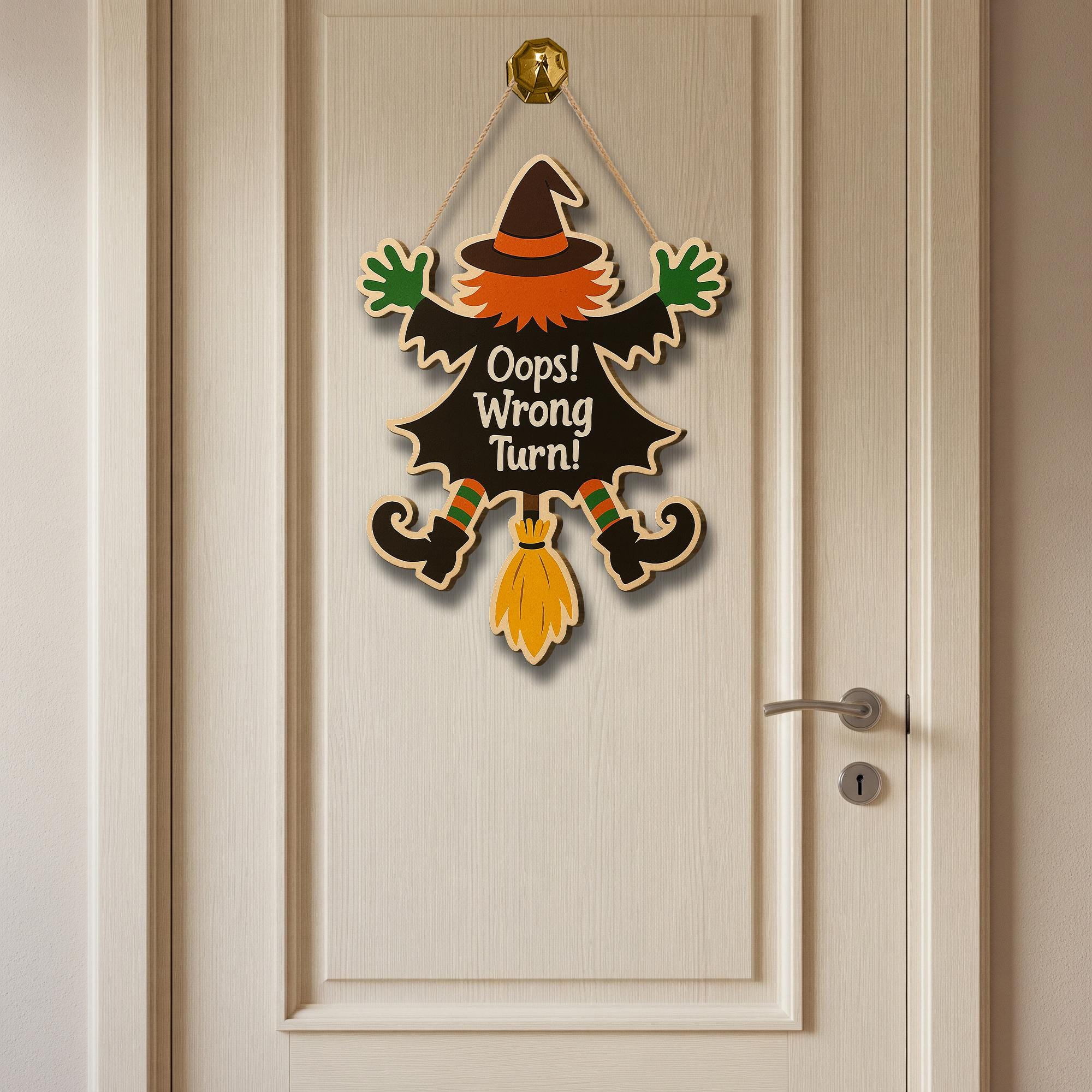 Oops Wrong Turn Witch Sign, Funny Halloween Wooden Door Hanger, Flying Witch Crash Decor, Spooky Fall Wall Decoration