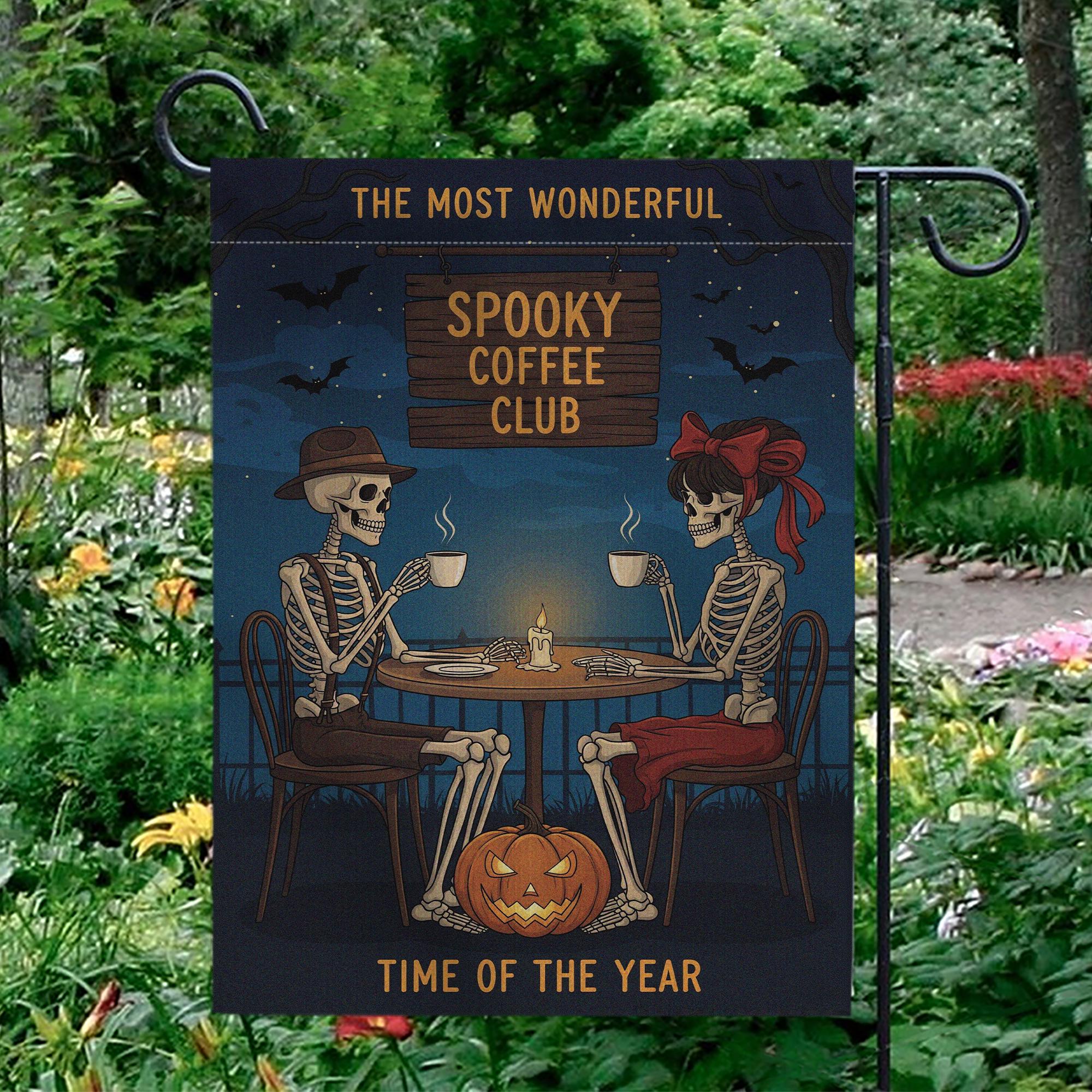 Spooky Coffee Club Garden Flag, Skeleton Halloween Yard Decor, Fall Coffee Lovers Gift, Funny Outdoor Halloween Sign