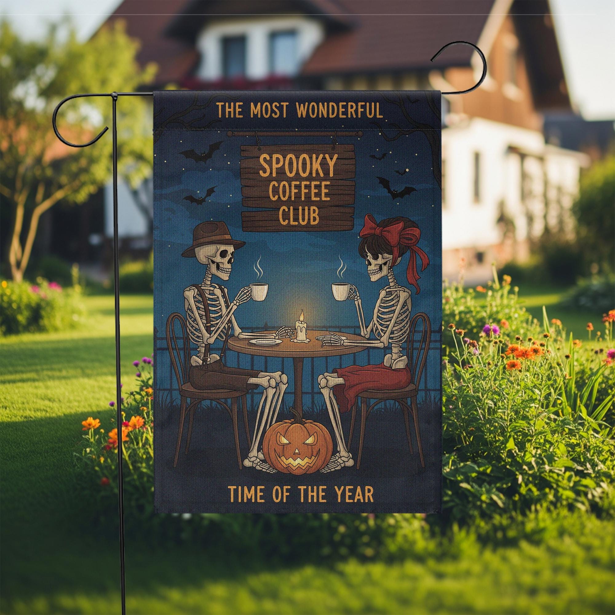 Spooky Coffee Club Garden Flag, Skeleton Halloween Yard Decor, Fall Coffee Lovers Gift, Funny Outdoor Halloween Sign