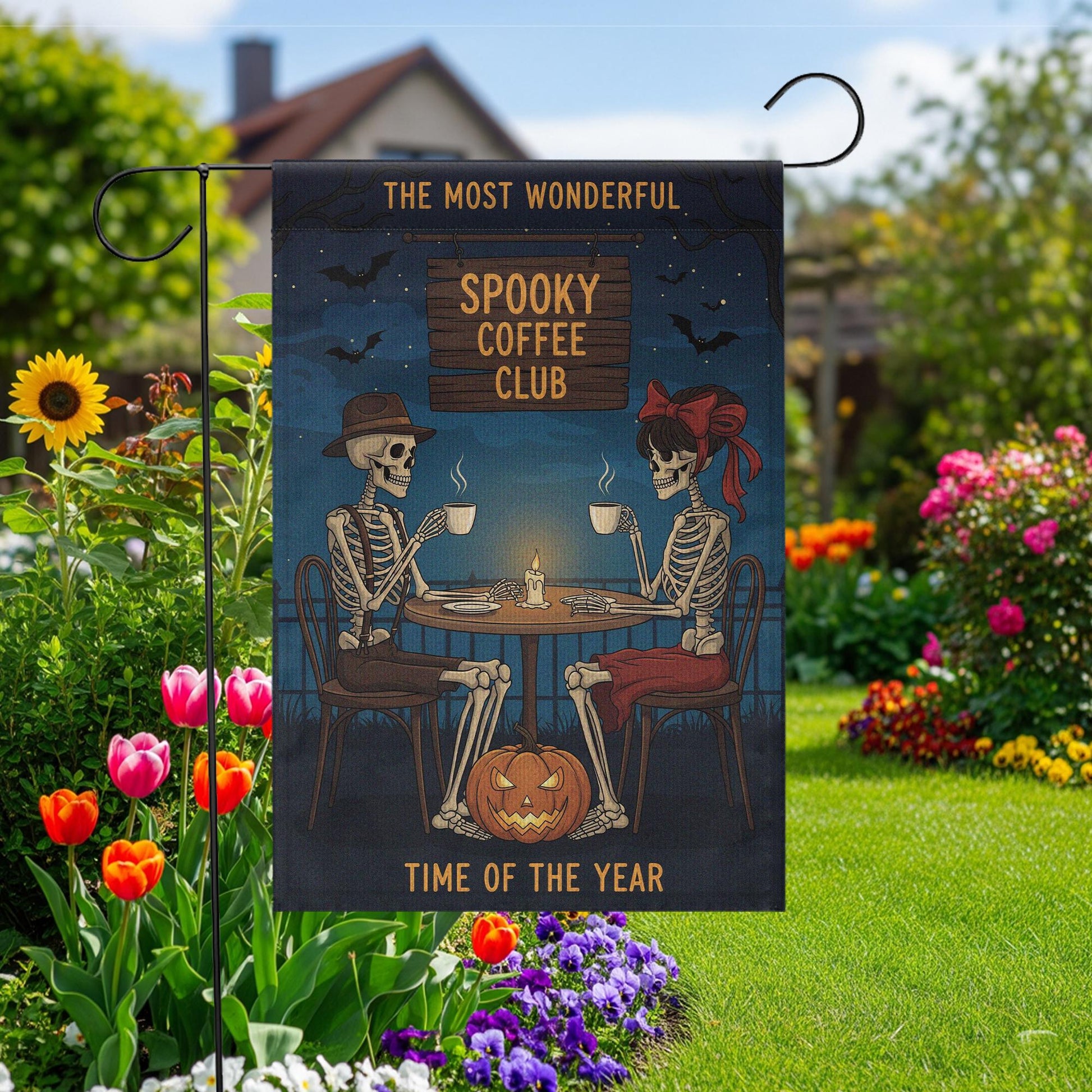 Spooky Coffee Club Garden Flag, Skeleton Halloween Yard Decor, Fall Coffee Lovers Gift, Funny Outdoor Halloween Sign