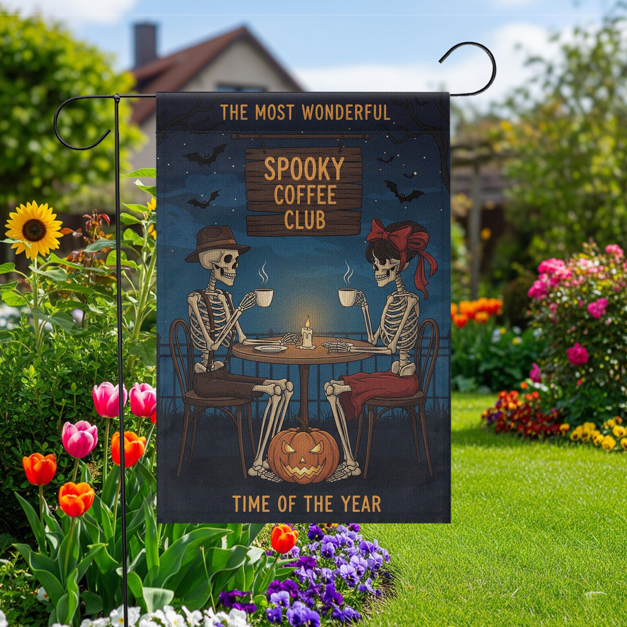 Spooky Coffee Club Garden Flag, Skeleton Halloween Yard Decor, Fall Coffee Lovers Gift, Funny Outdoor Halloween Sign
