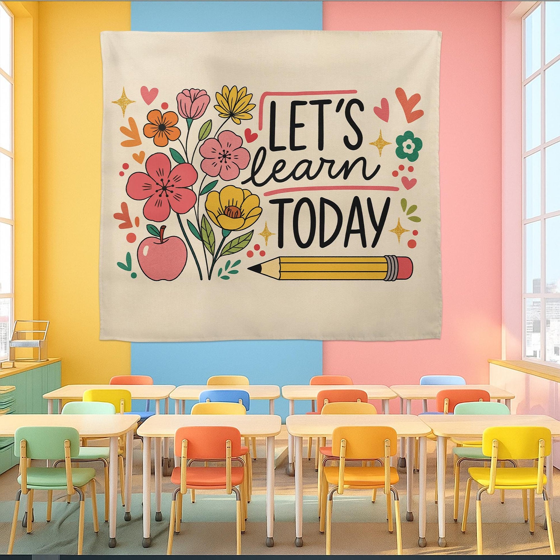 Let's Learn Today Classroom Tapestry – Teacher Wall Decor, Educational Floral Banner, Back to School Bulletin Board Display