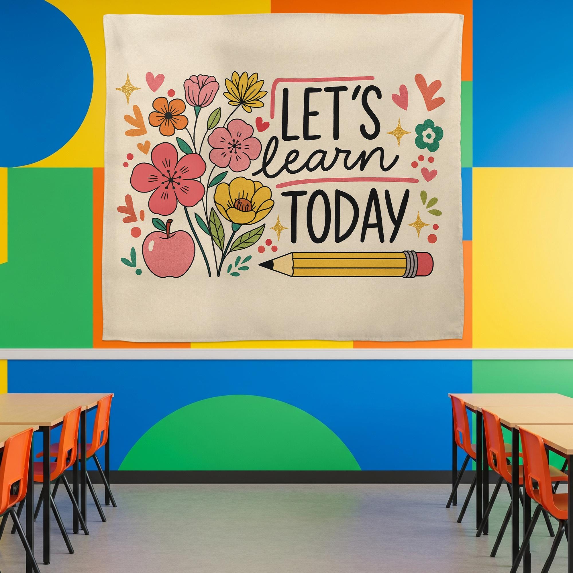 Let's Learn Today Classroom Tapestry – Teacher Wall Decor, Educational Floral Banner, Back to School Bulletin Board Display