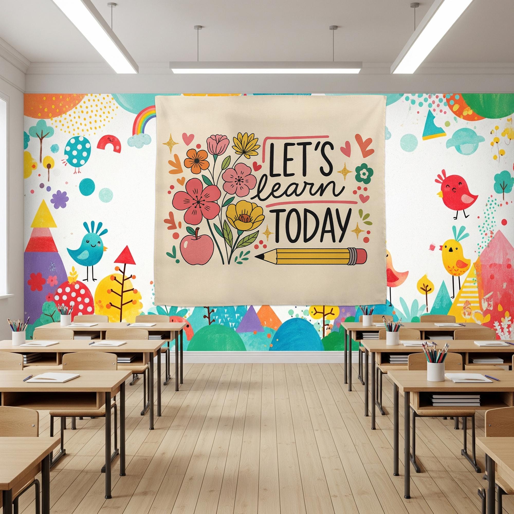 Let's Learn Today Classroom Tapestry – Teacher Wall Decor, Educational Floral Banner, Back to School Bulletin Board Display