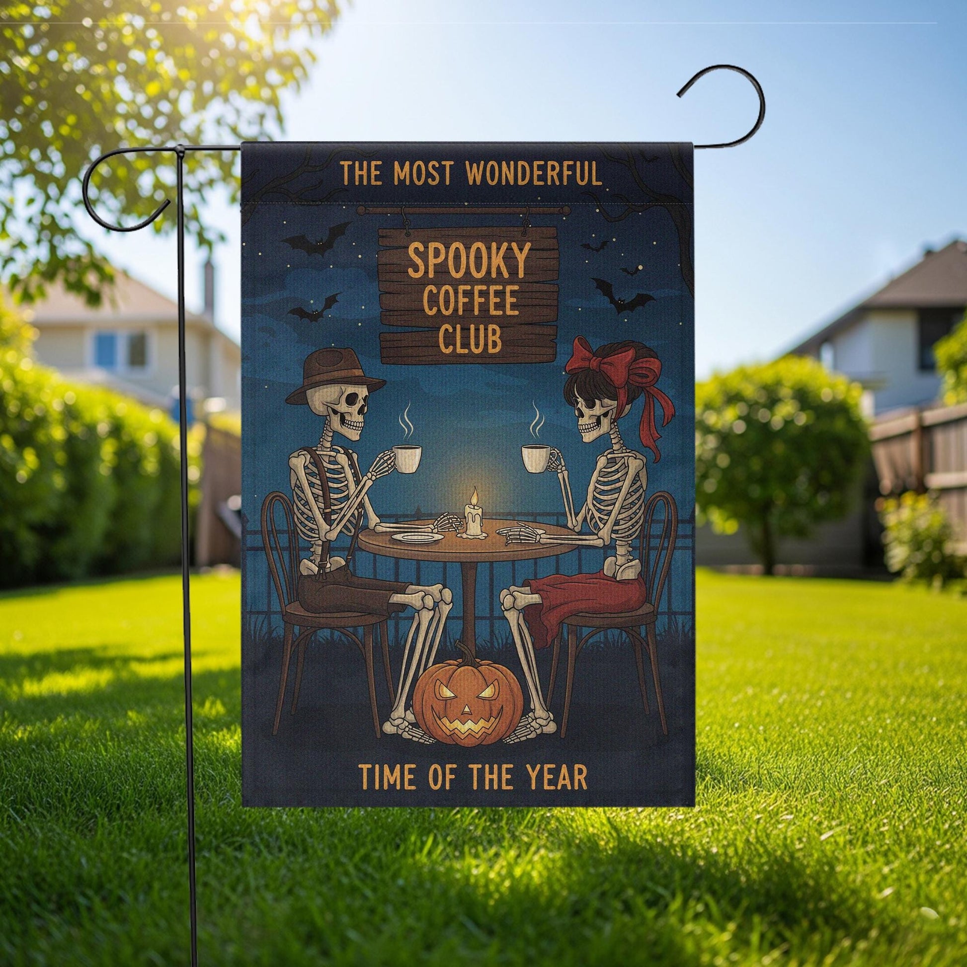 Spooky Coffee Club Garden Flag, Skeleton Halloween Yard Decor, Fall Coffee Lovers Gift, Funny Outdoor Halloween Sign