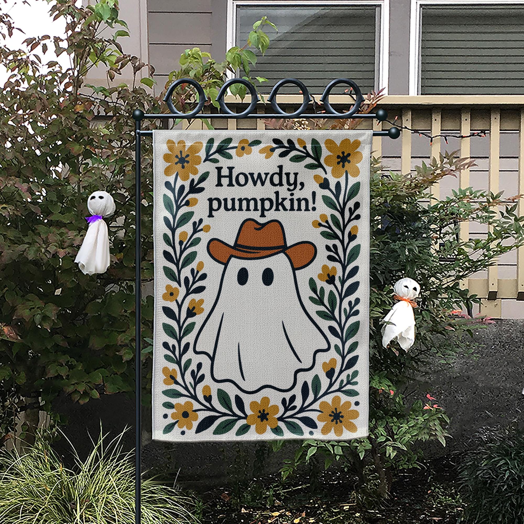 Howdy Pumpkin Garden Flag, Western Ghost Fall Yard Decor, Cute Cowboy Halloween Outdoor Sign, Rustic Floral Autumn Banner