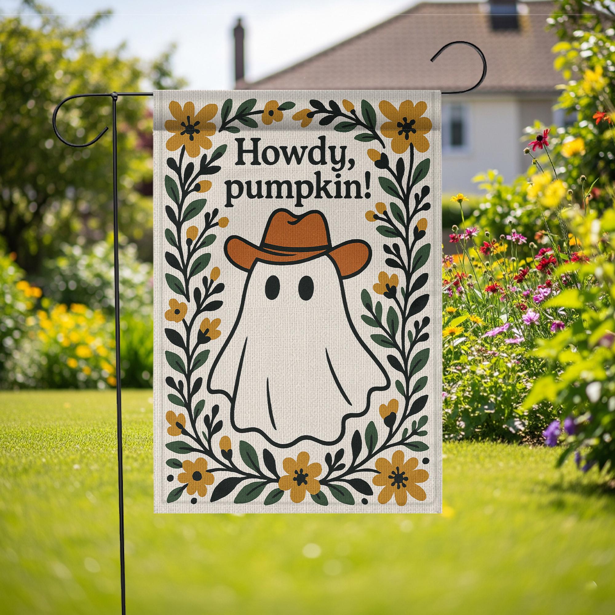 Howdy Pumpkin Garden Flag, Western Ghost Fall Yard Decor, Cute Cowboy Halloween Outdoor Sign, Rustic Floral Autumn Banner
