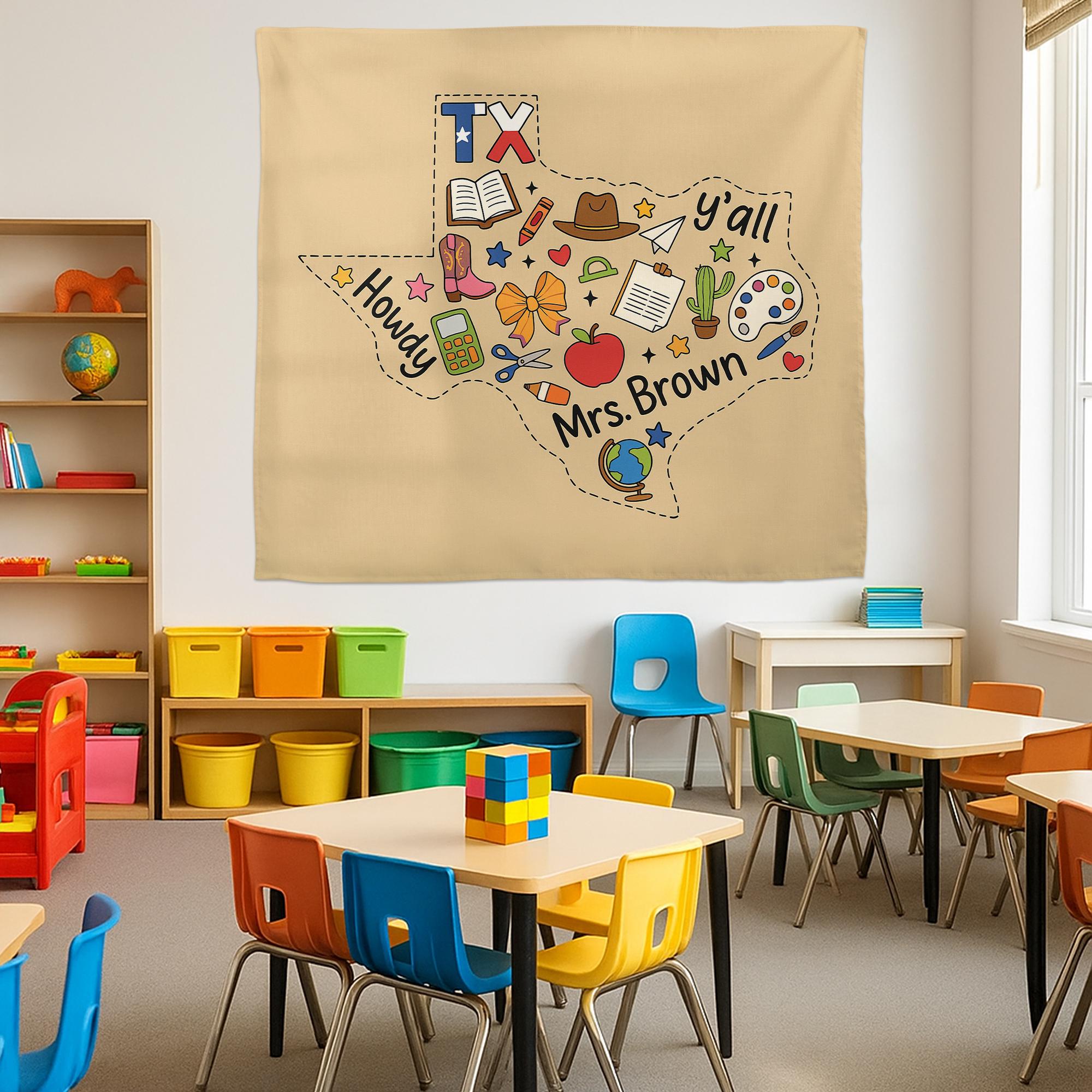 Custom Texas Teacher Tapestry – Personalized Classroom Wall Decor with Name, Howdy Y’all School Banner, Back to School Gift