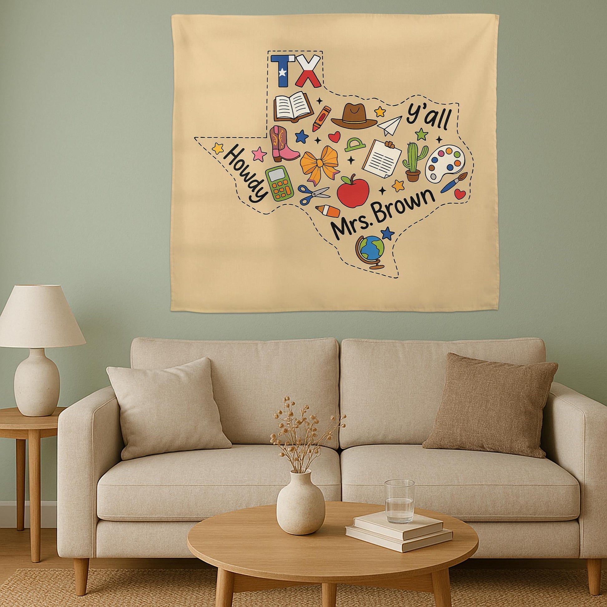 Custom Texas Teacher Tapestry – Personalized Classroom Wall Decor with Name, Howdy Y’all School Banner, Back to School Gift