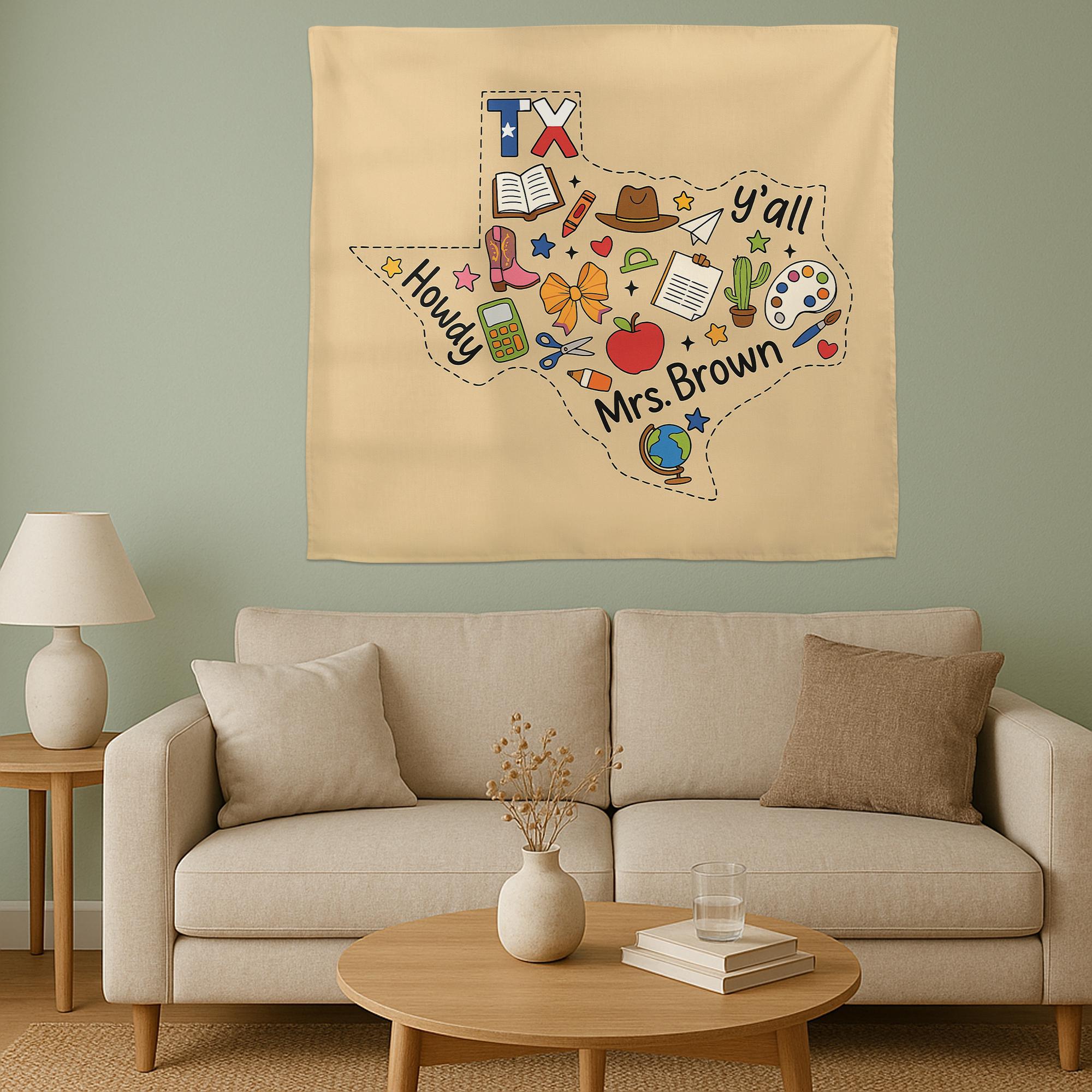 Custom Texas Teacher Tapestry – Personalized Classroom Wall Decor with Name, Howdy Y’all School Banner, Back to School Gift