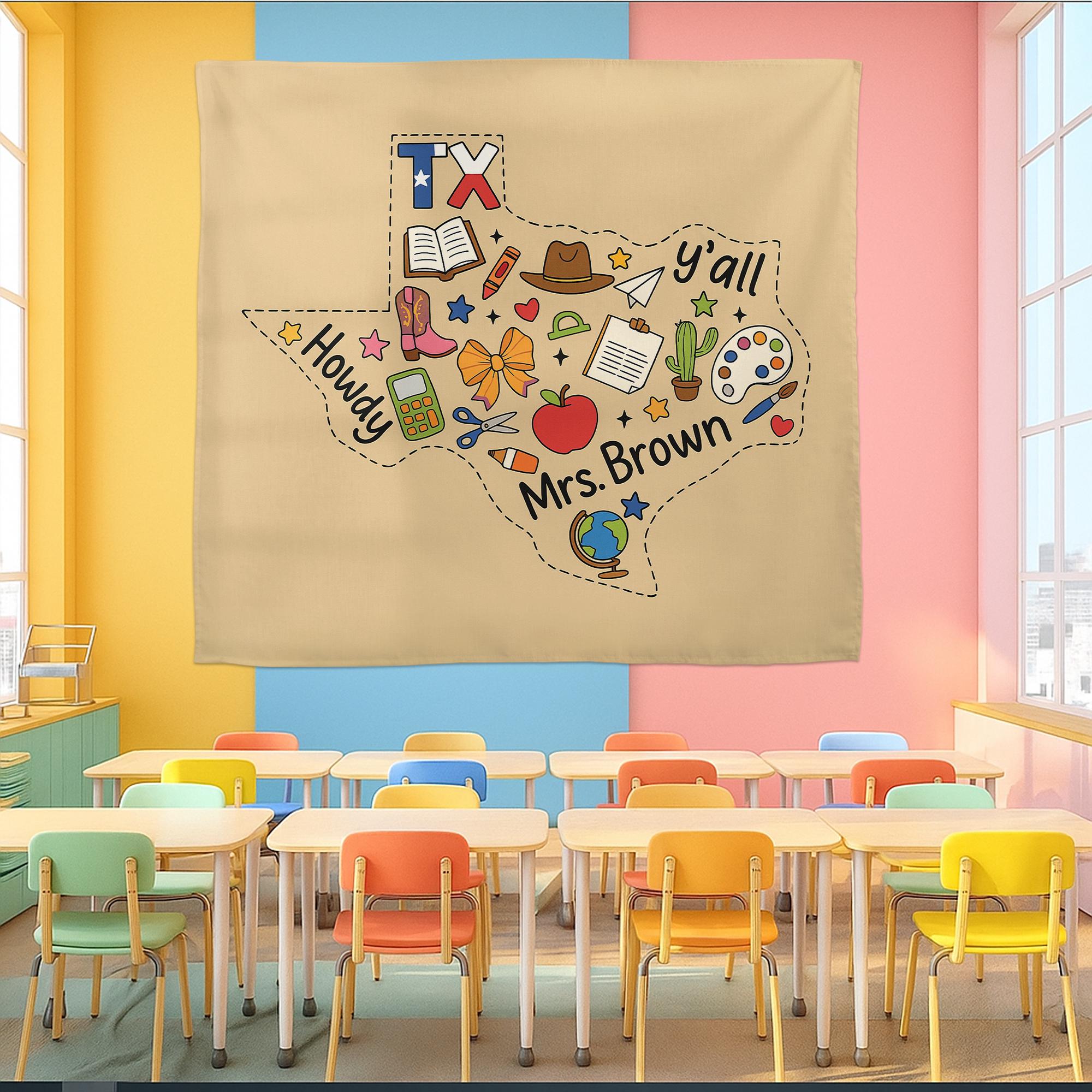 Custom Texas Teacher Tapestry – Personalized Classroom Wall Decor with Name, Howdy Y’all School Banner, Back to School Gift