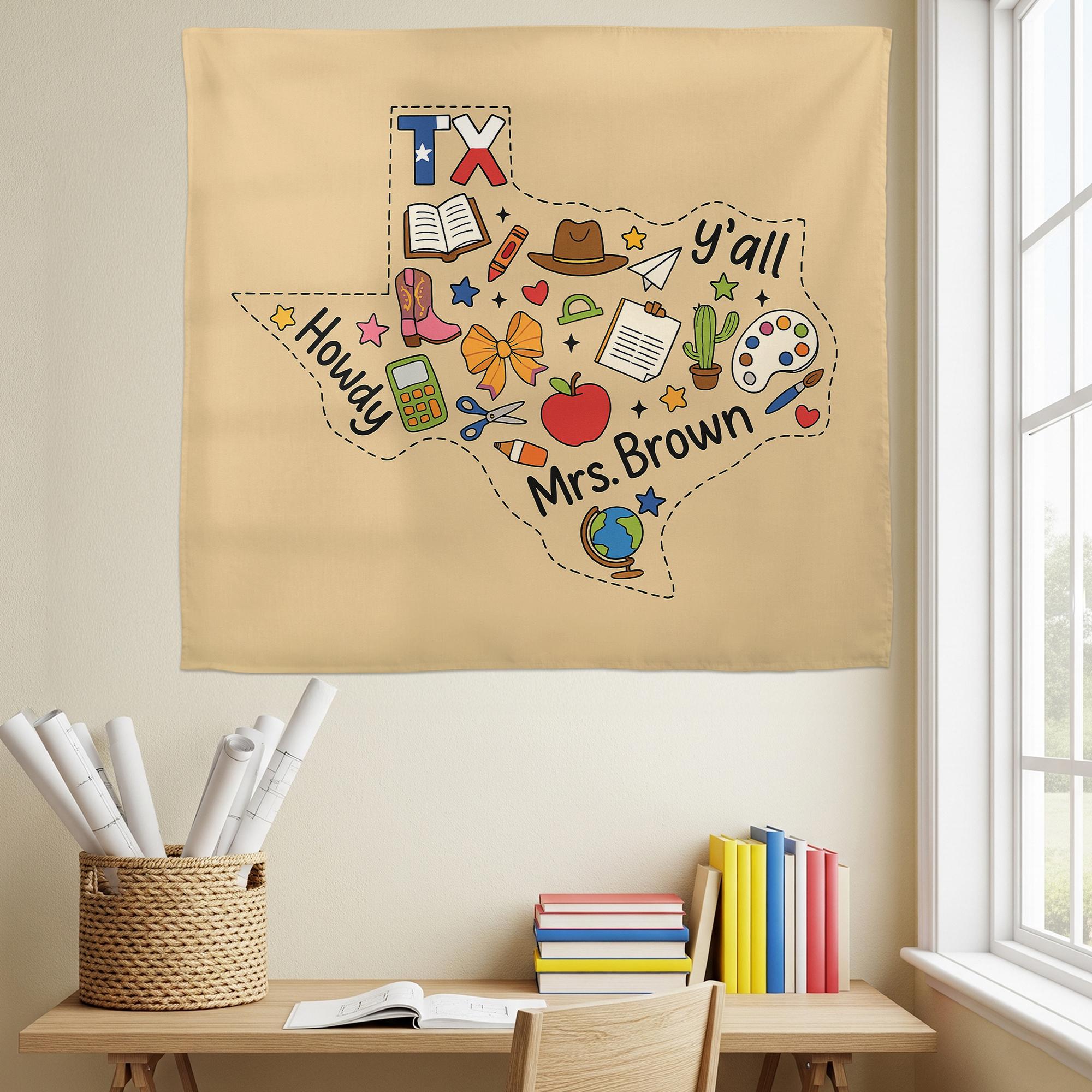 Custom Texas Teacher Tapestry – Personalized Classroom Wall Decor with Name, Howdy Y’all School Banner, Back to School Gift
