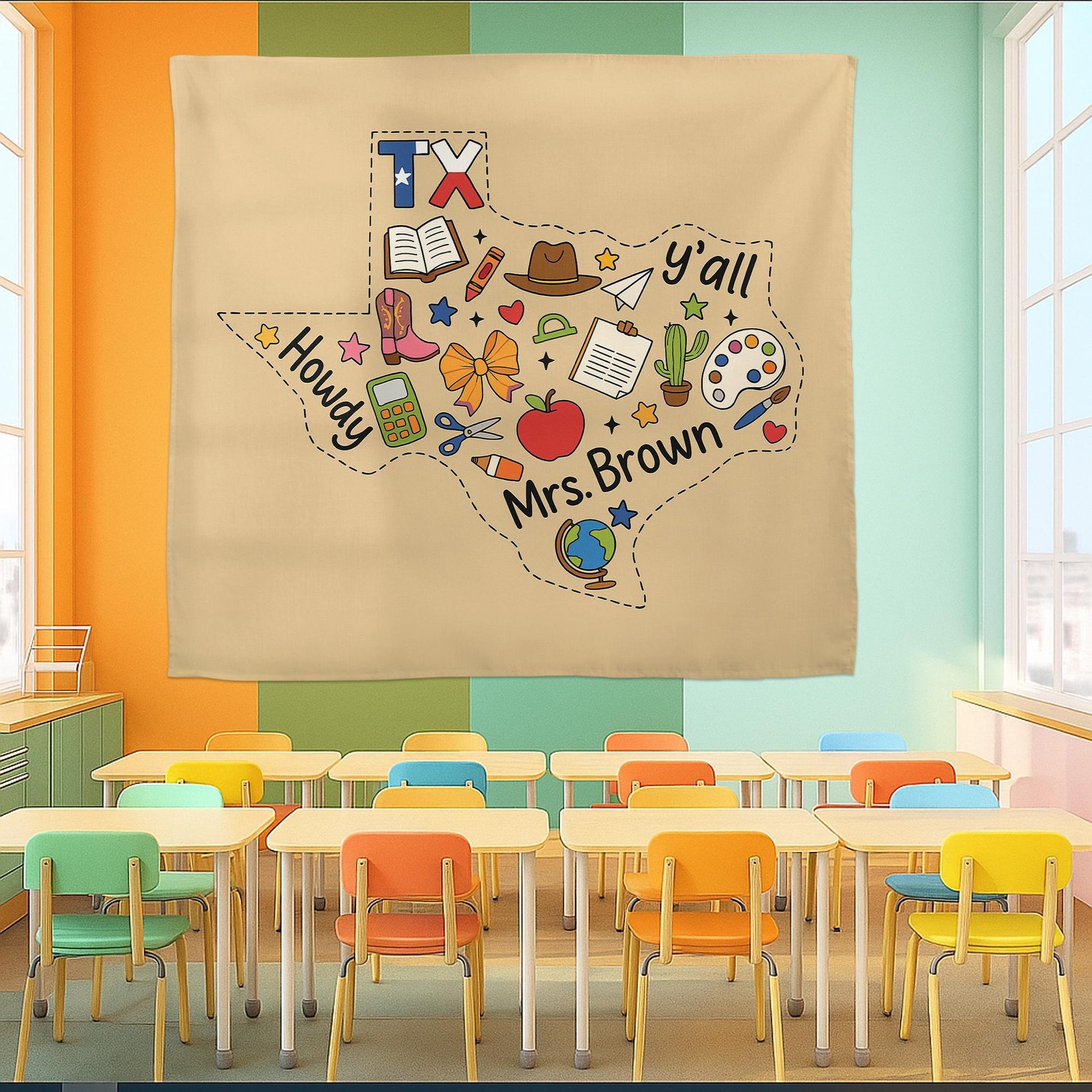 Custom Texas Teacher Tapestry – Personalized Classroom Wall Decor with Name, Howdy Y’all School Banner, Back to School Gift