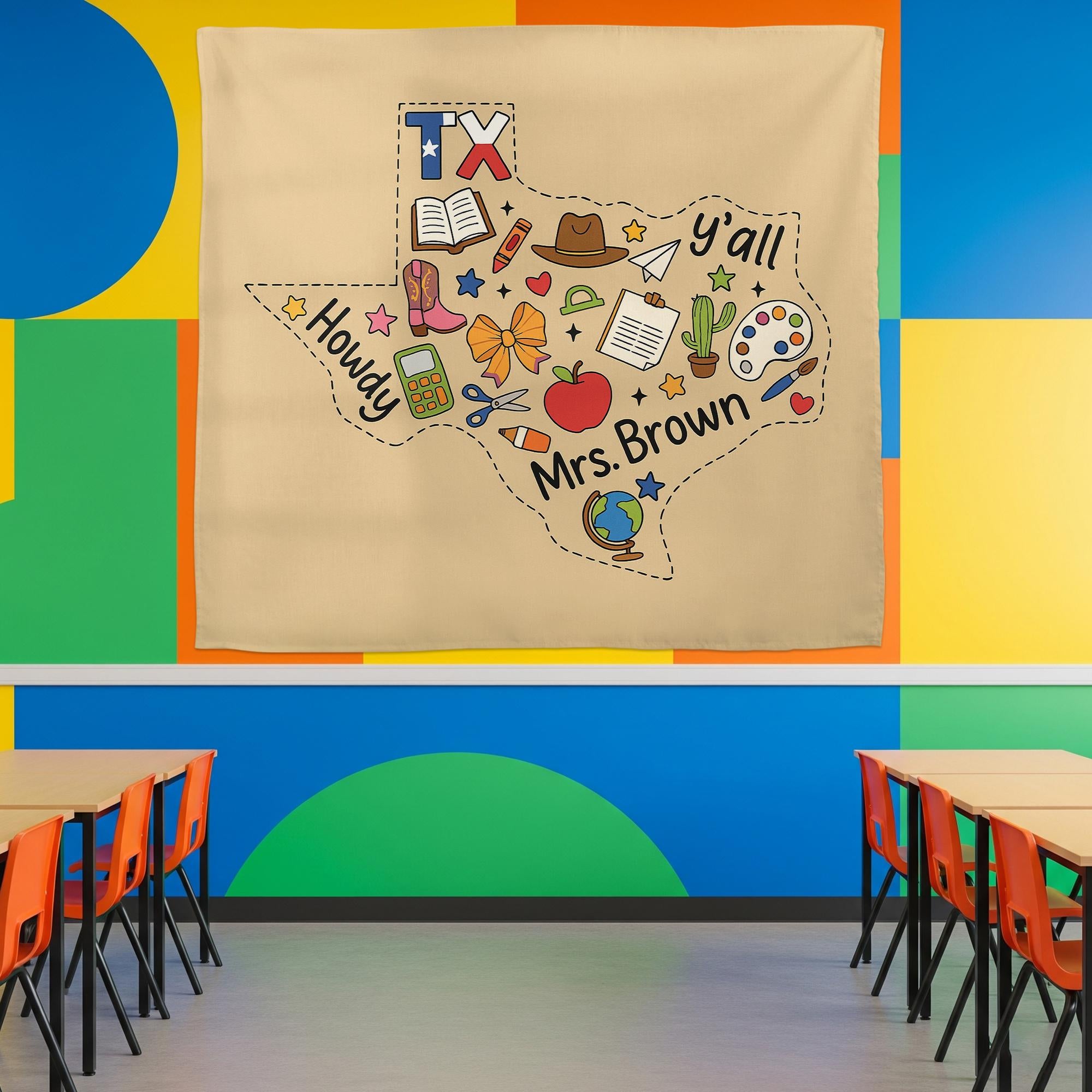 Custom Texas Teacher Tapestry – Personalized Classroom Wall Decor with Name, Howdy Y’all School Banner, Back to School Gift