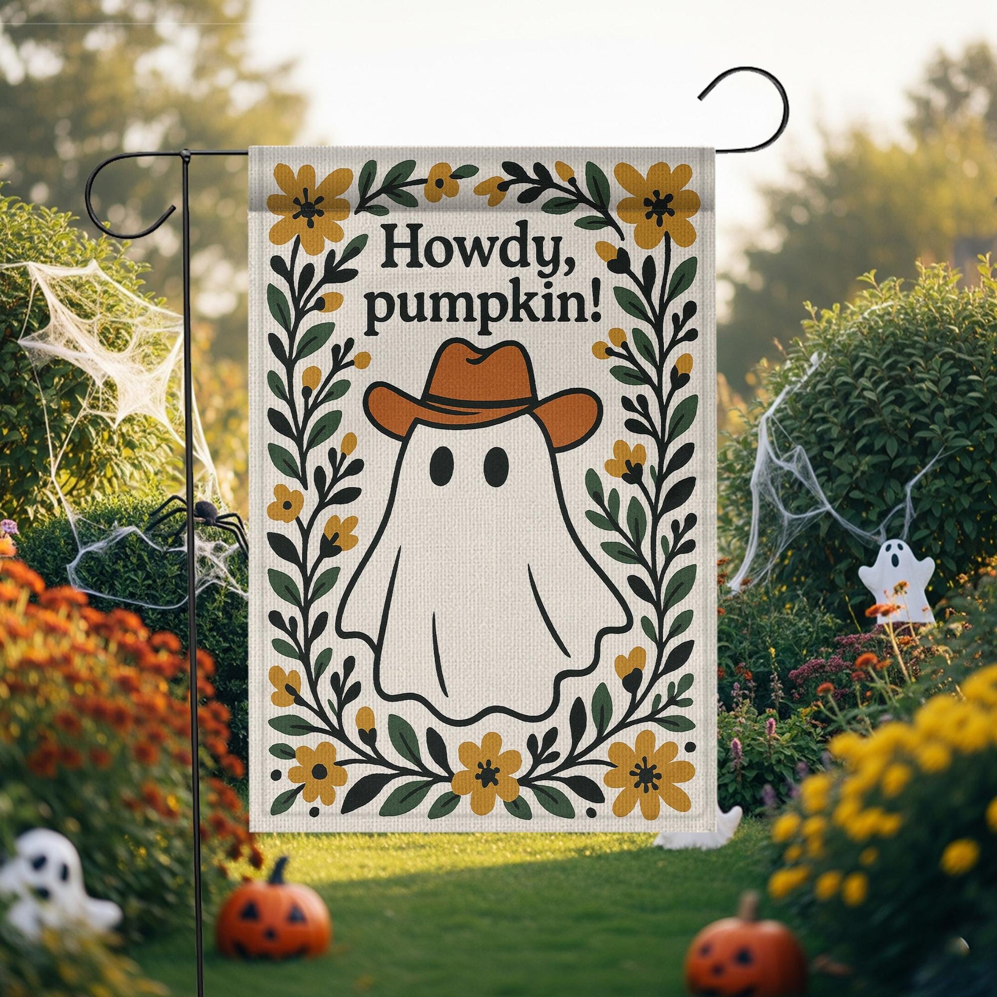 Howdy Pumpkin Garden Flag, Western Ghost Fall Yard Decor, Cute Cowboy Halloween Outdoor Sign, Rustic Floral Autumn Banner