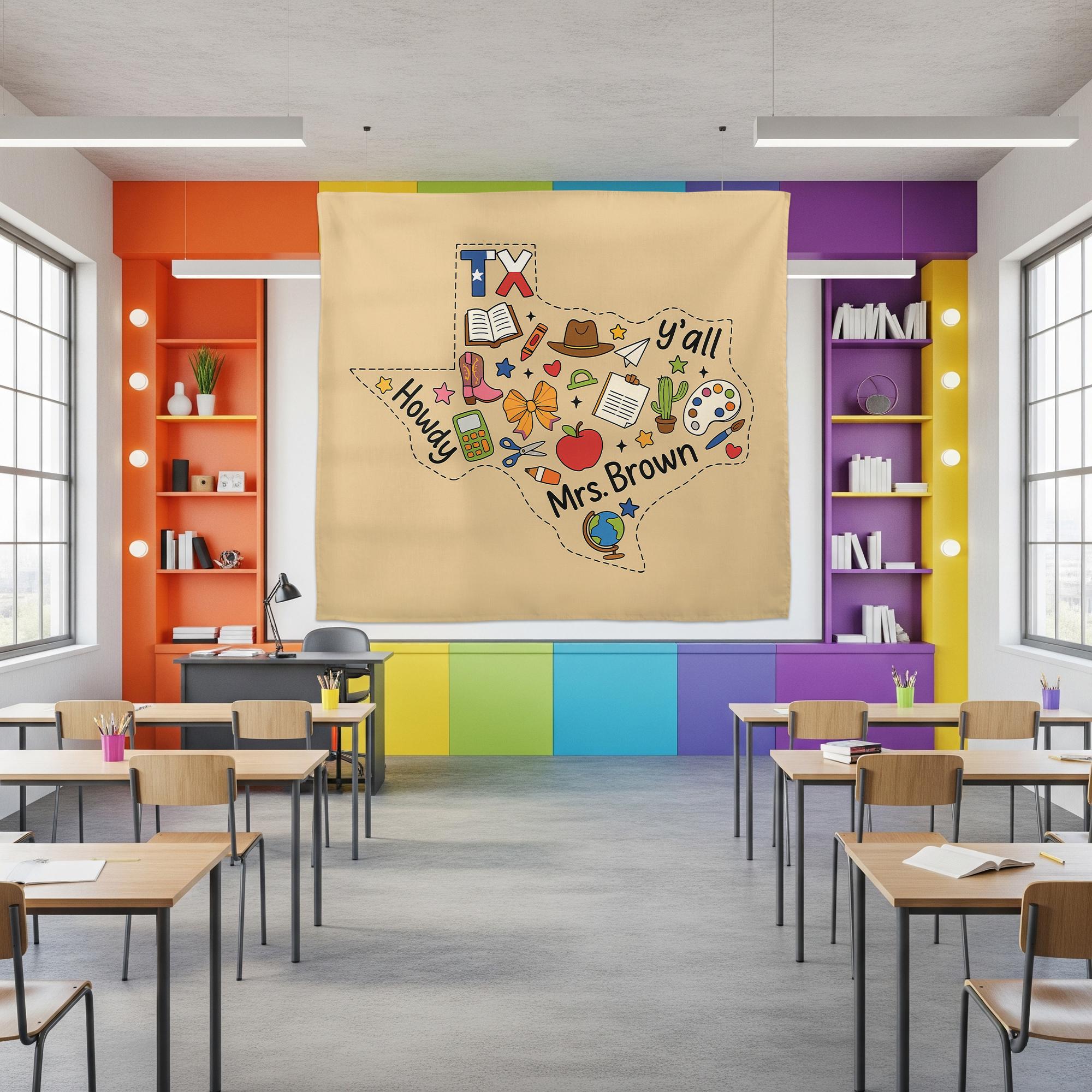 Custom Texas Teacher Tapestry – Personalized Classroom Wall Decor with Name, Howdy Y’all School Banner, Back to School Gift