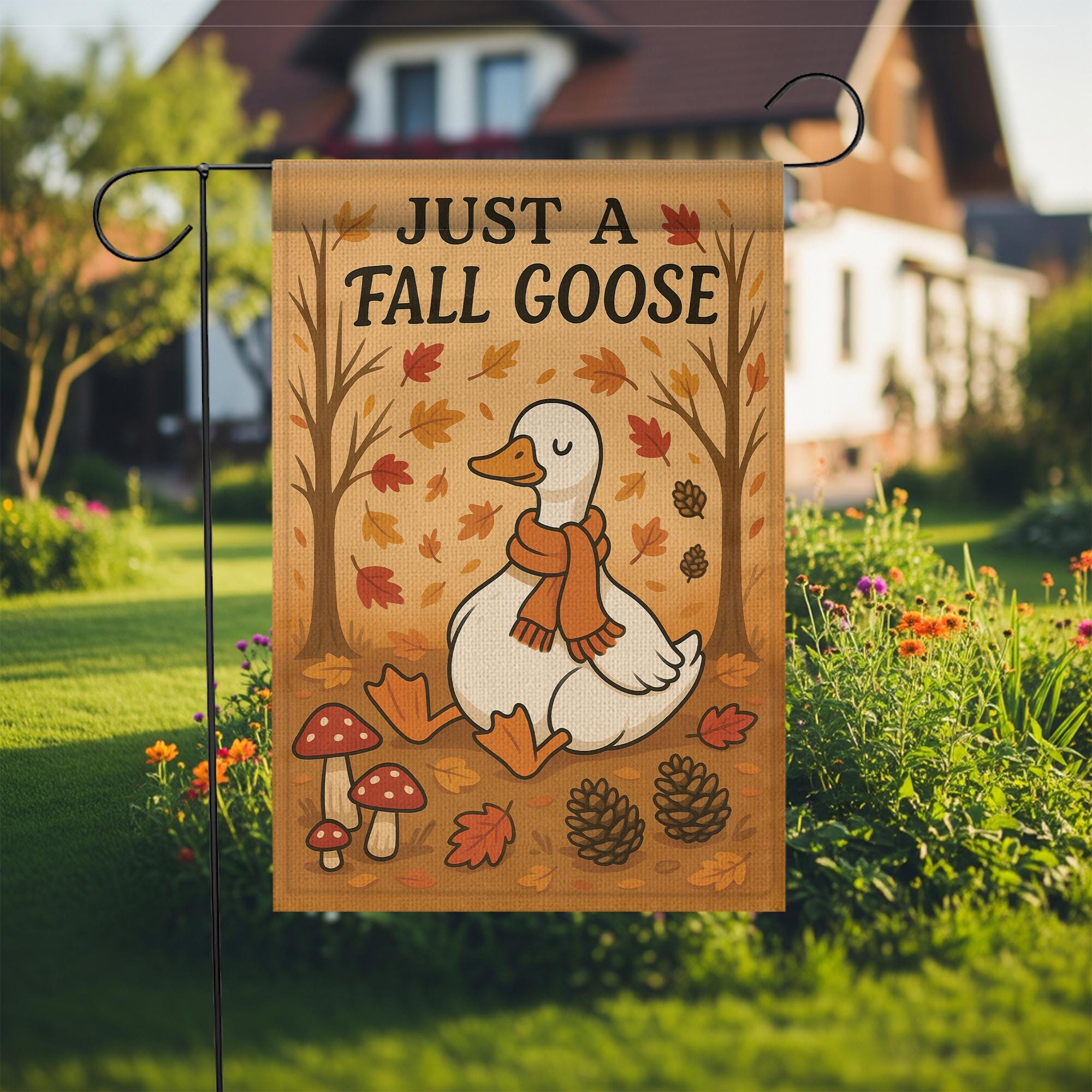Just a Fall Goose Garden Flag, Cute Autumn Yard Decor, Cozy Goose Outdoor Flag, Funny Thanksgiving Garden Banner