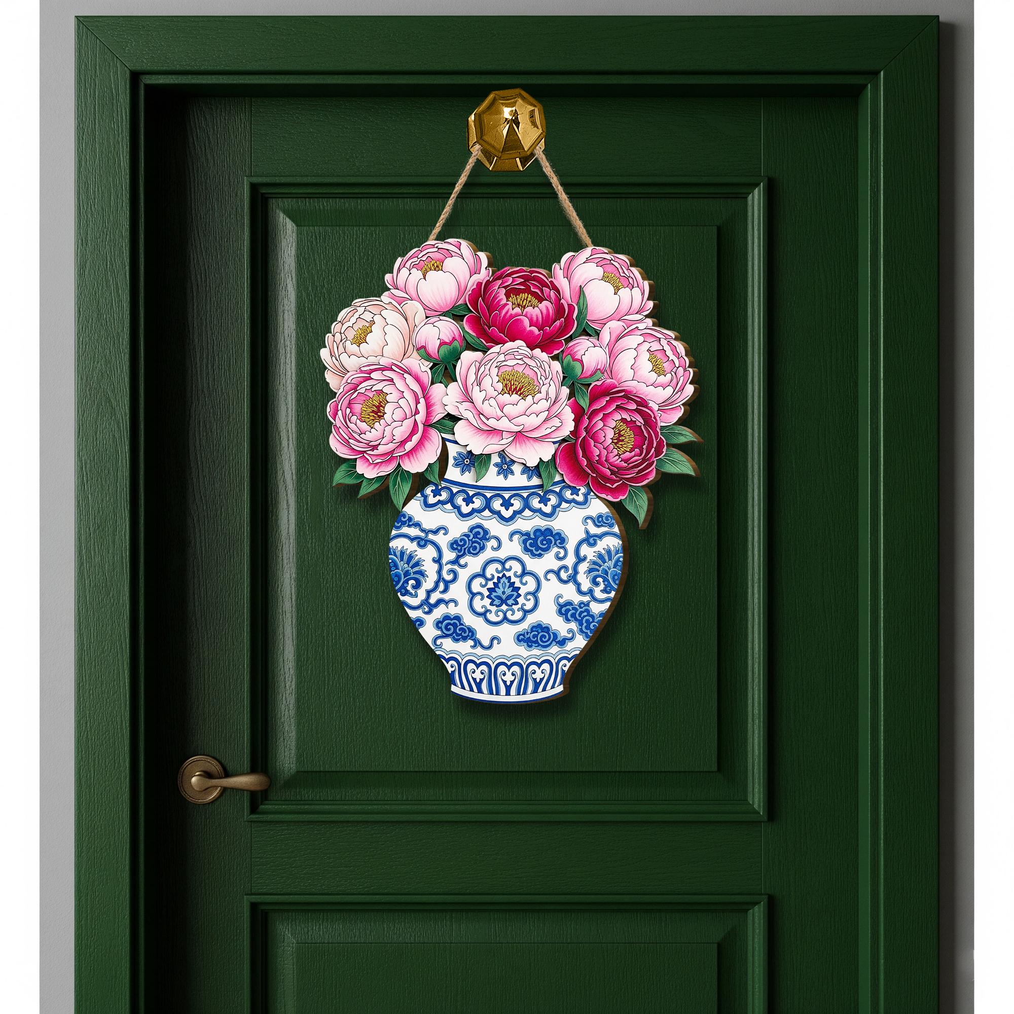 Peony Vase Door Hanger – Chinoiserie Floral Wooden Sign, Elegant Spring Porch Decor, Cottagecore Front Door Hanging Decoration