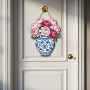 Peony Vase Door Hanger – Chinoiserie Floral Wooden Sign, Elegant Spring Porch Decor, Cottagecore Front Door Hanging Decoration