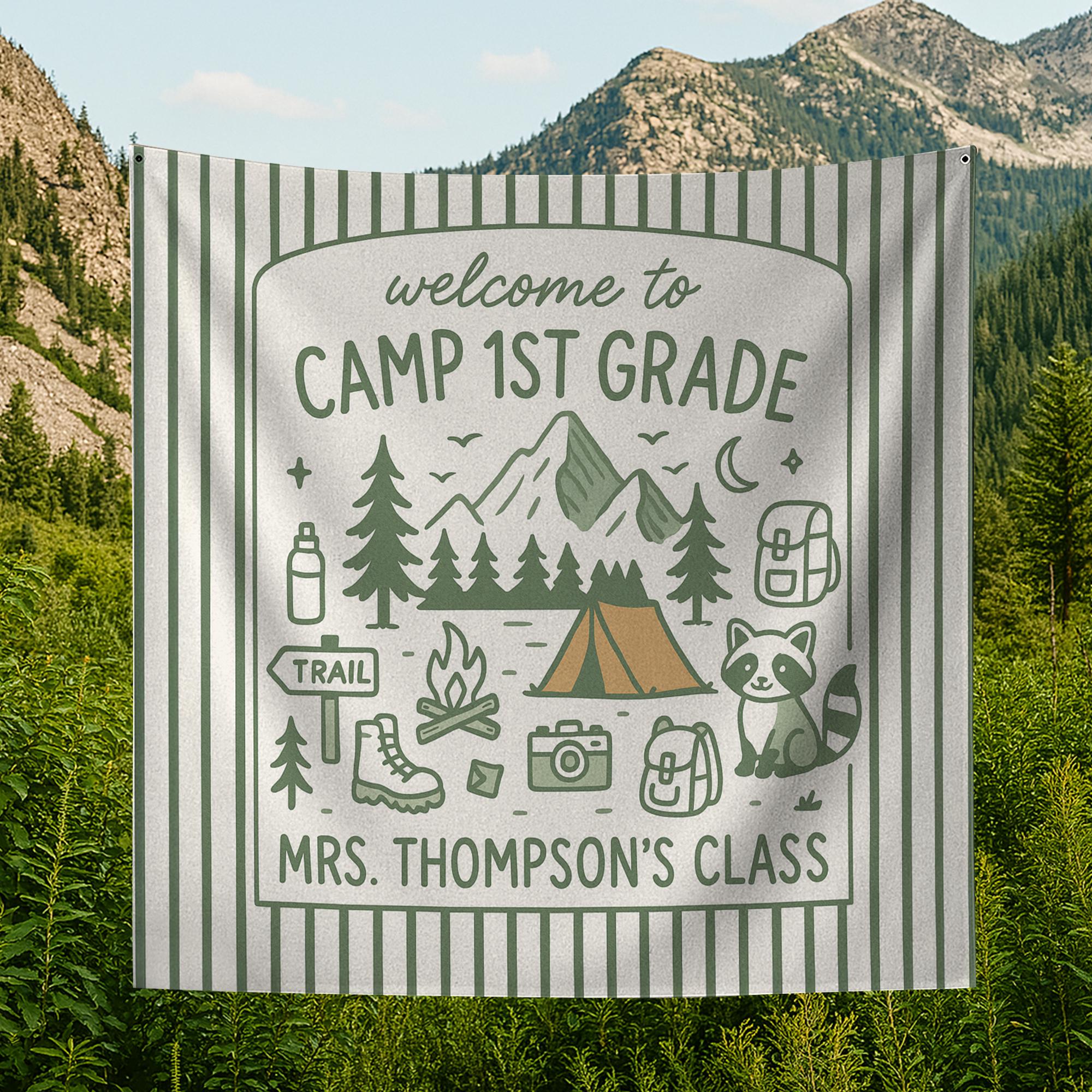 Camp 1st Grade Classroom Tapestry, Custom Camping Theme Wall Decor, Back to School Banner, Teacher Door Sign, Cute Tapestry