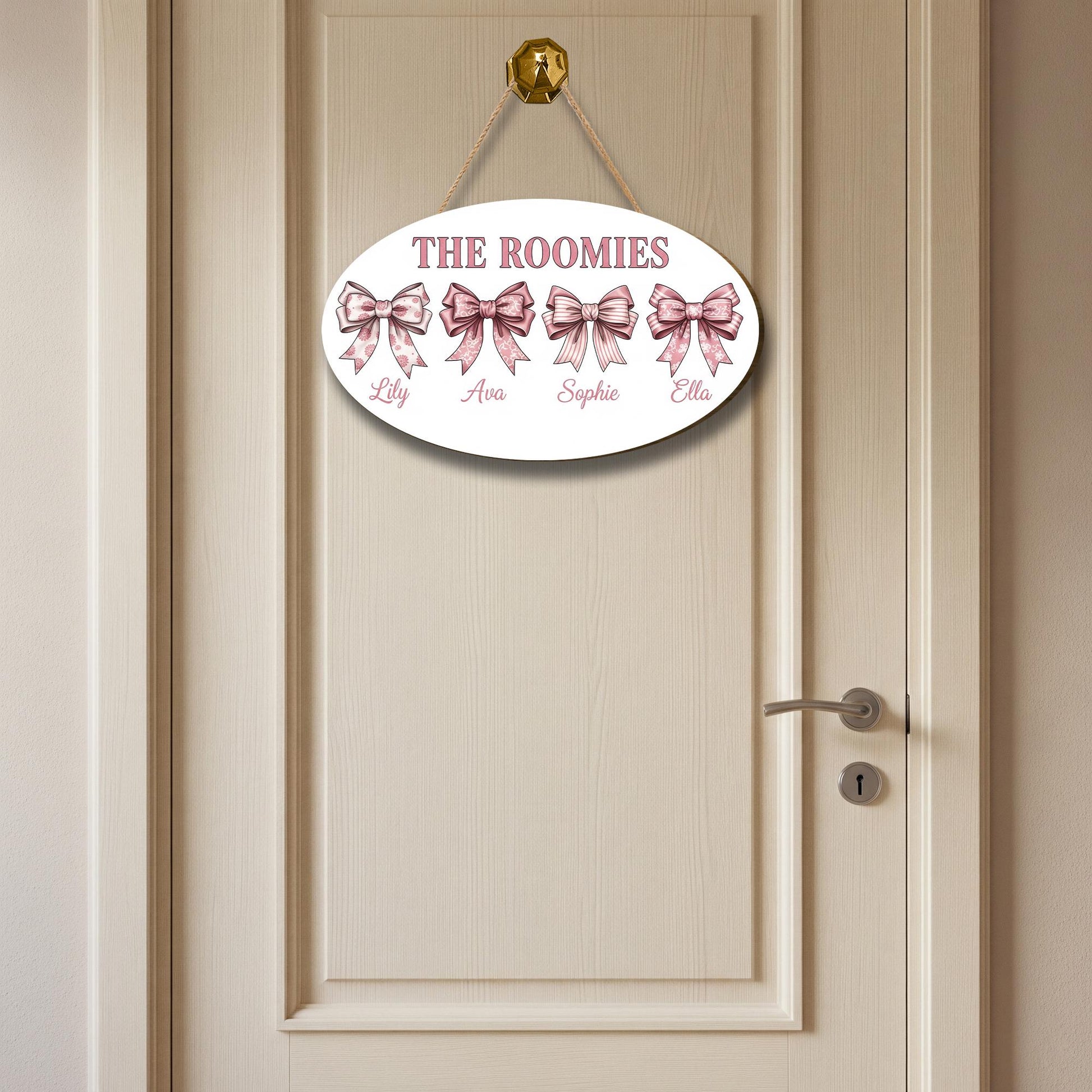 Custom Roomie Door Sign | Coquette College Room Decor | Pink Bow Roommate Name Plaque | Cute Dorm Door Hanger | Personalized Girls Gift