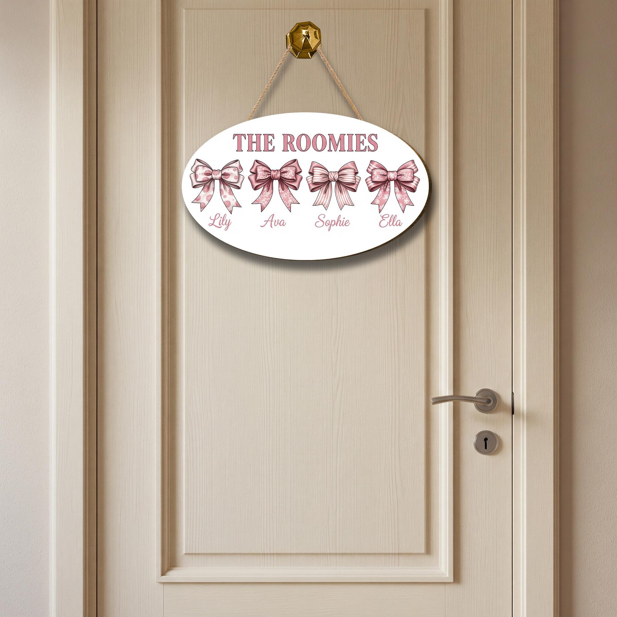 Custom Roomie Door Sign | Coquette College Room Decor | Pink Bow Roommate Name Plaque | Cute Dorm Door Hanger | Personalized Girls Gift