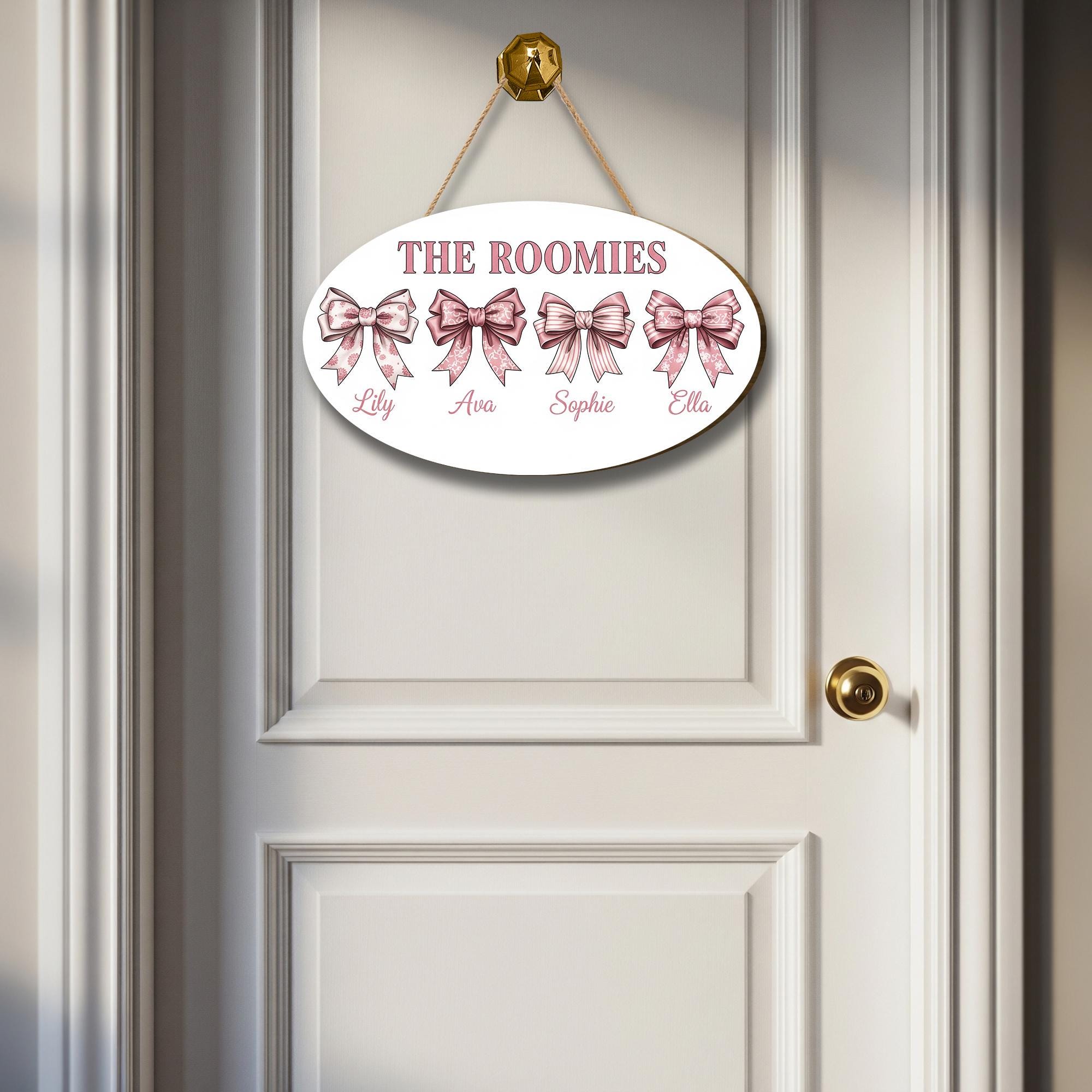 Custom Roomie Door Sign | Coquette College Room Decor | Pink Bow Roommate Name Plaque | Cute Dorm Door Hanger | Personalized Girls Gift