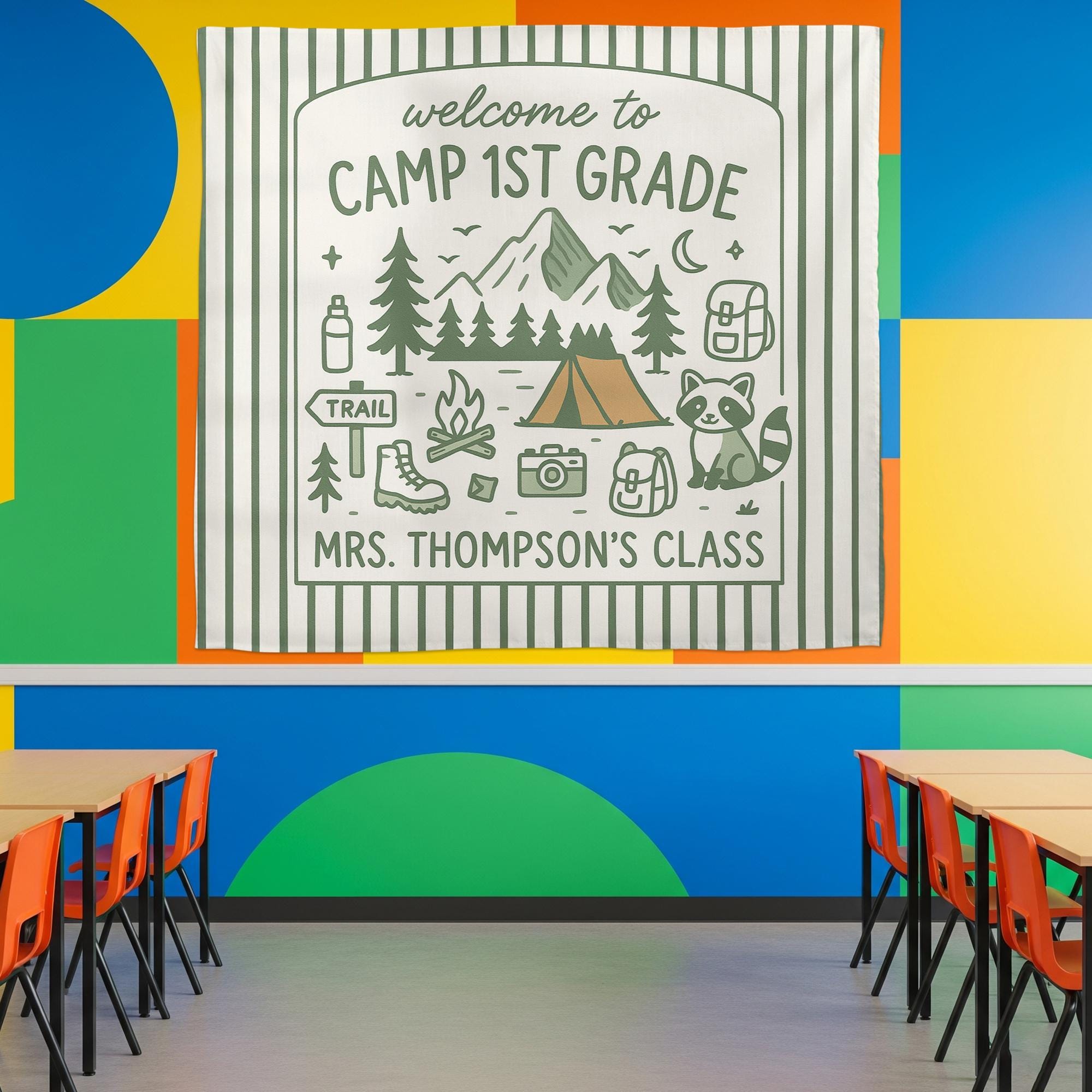 Camp 1st Grade Classroom Tapestry, Custom Camping Theme Wall Decor, Back to School Banner, Teacher Door Sign, Cute Tapestry